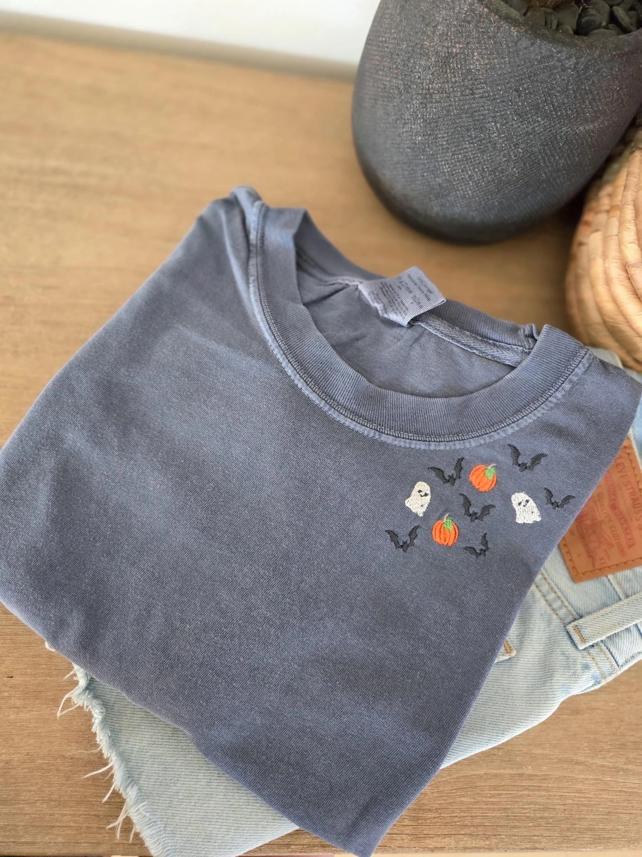 Neckline Ghost Bats Pumpkin Comfort Colors T Shirt-Ghost Tee-Embroidered Halloween Shirt