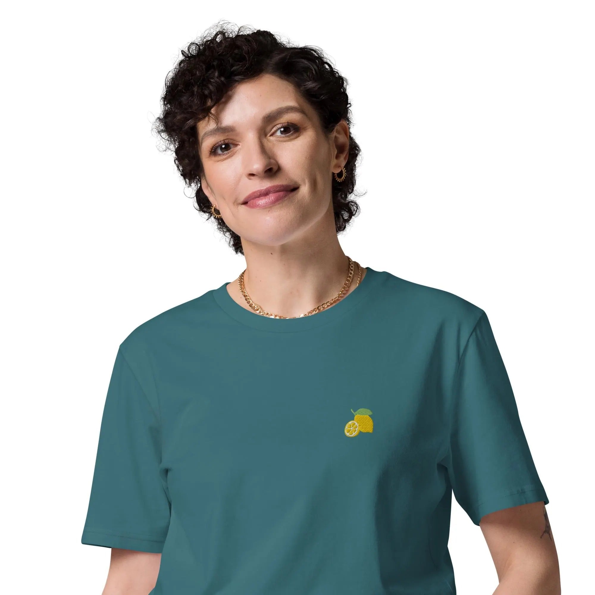 Lemon Organic Embroidered Unisex T-Shirt Minimal Fruit Design
