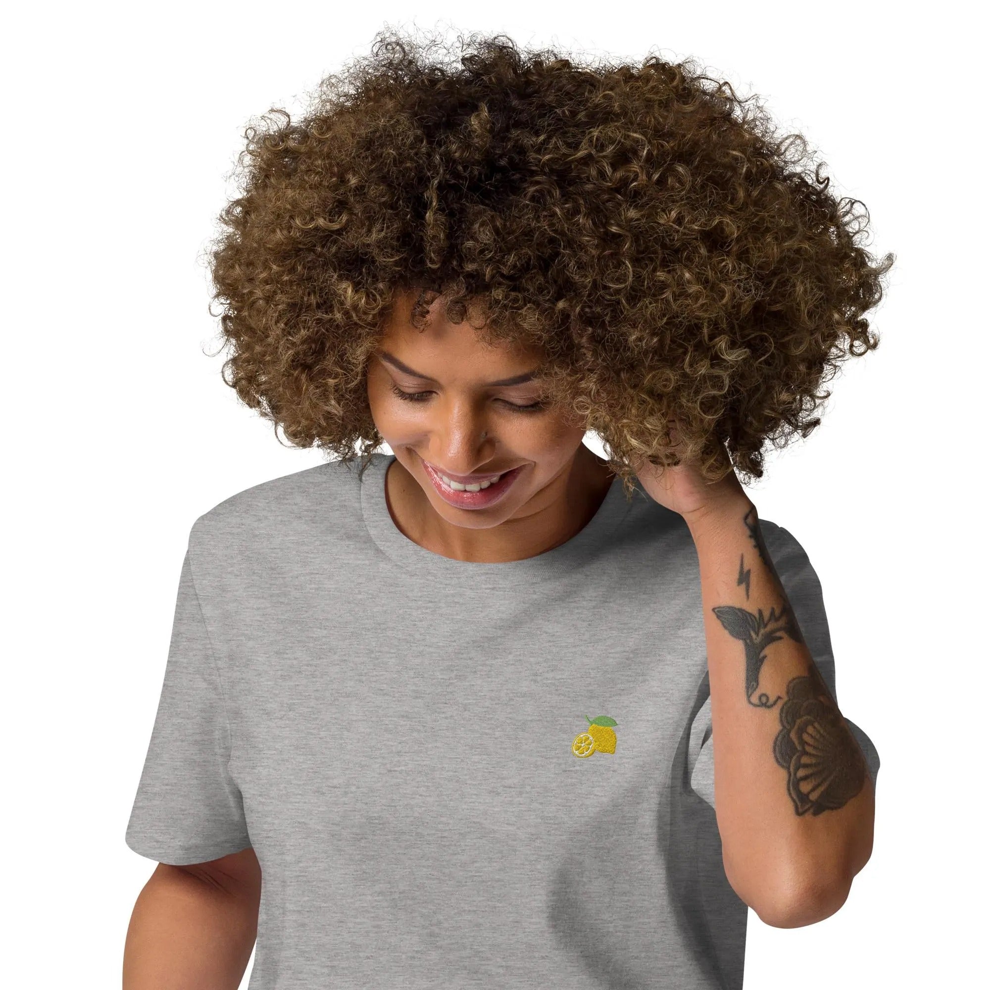 Lemon Organic Embroidered Unisex T-Shirt Minimal Fruit Design