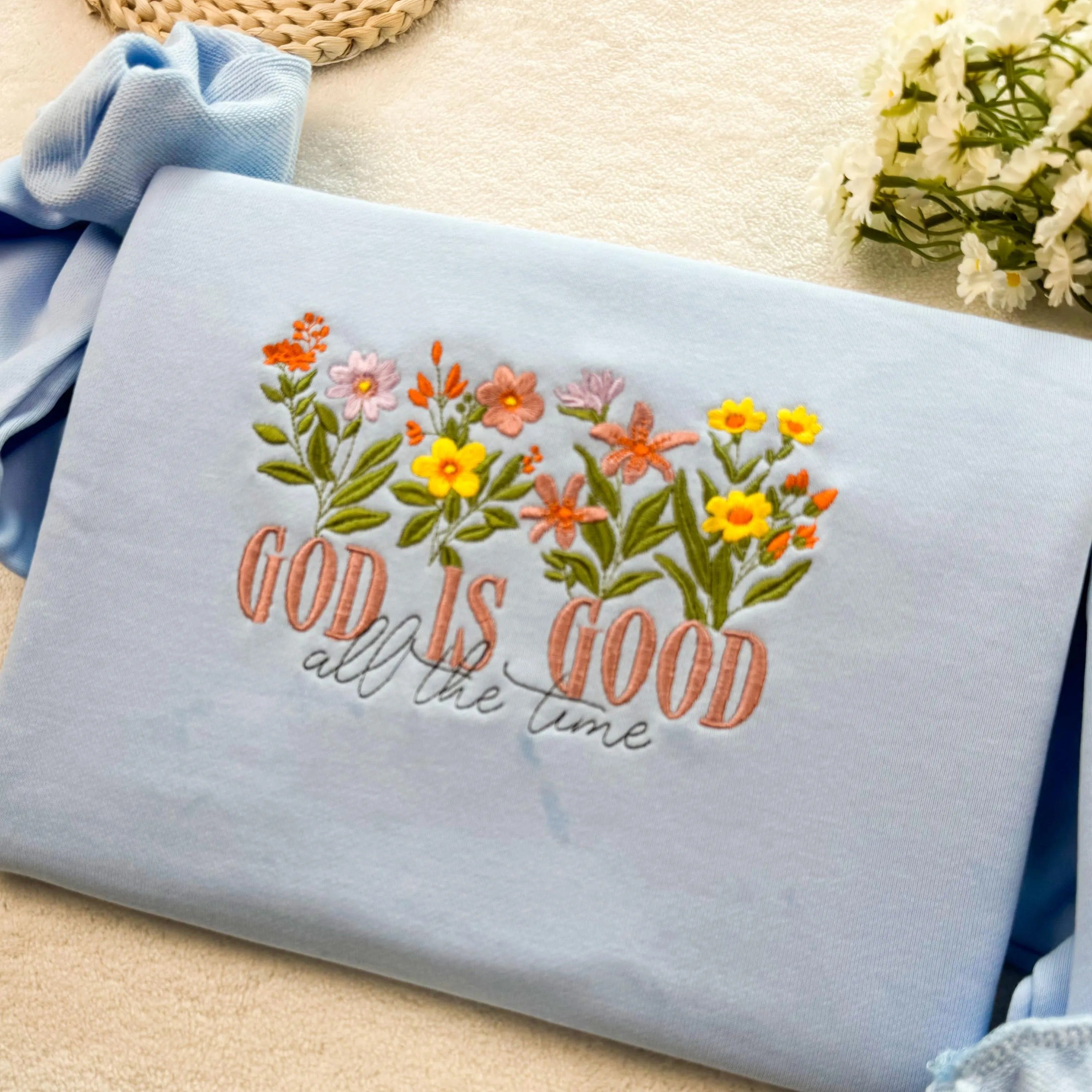Embroidered God is Good Wildflower Sweatshirt, Botany Embroidered Hoodie, Cottage Core Embroidery T-shirt,Crew Neck Sweatshirt