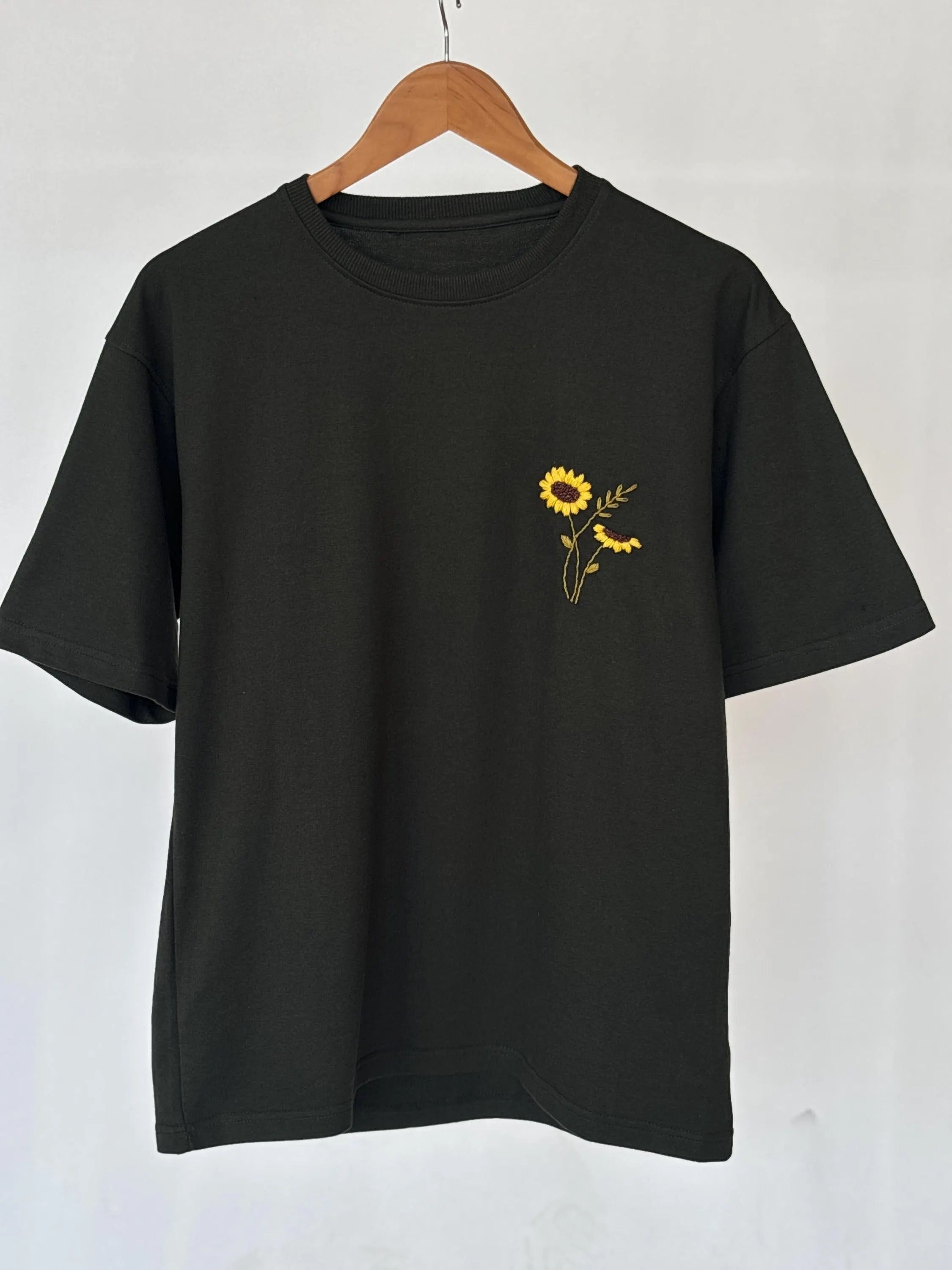 Hand Embroidered Sunflower Oversize T Shirt Unisex , Custom Tee, Personalized Embroidered T Shirt Dark Green Cotton T-Shirt , Unisex Tee