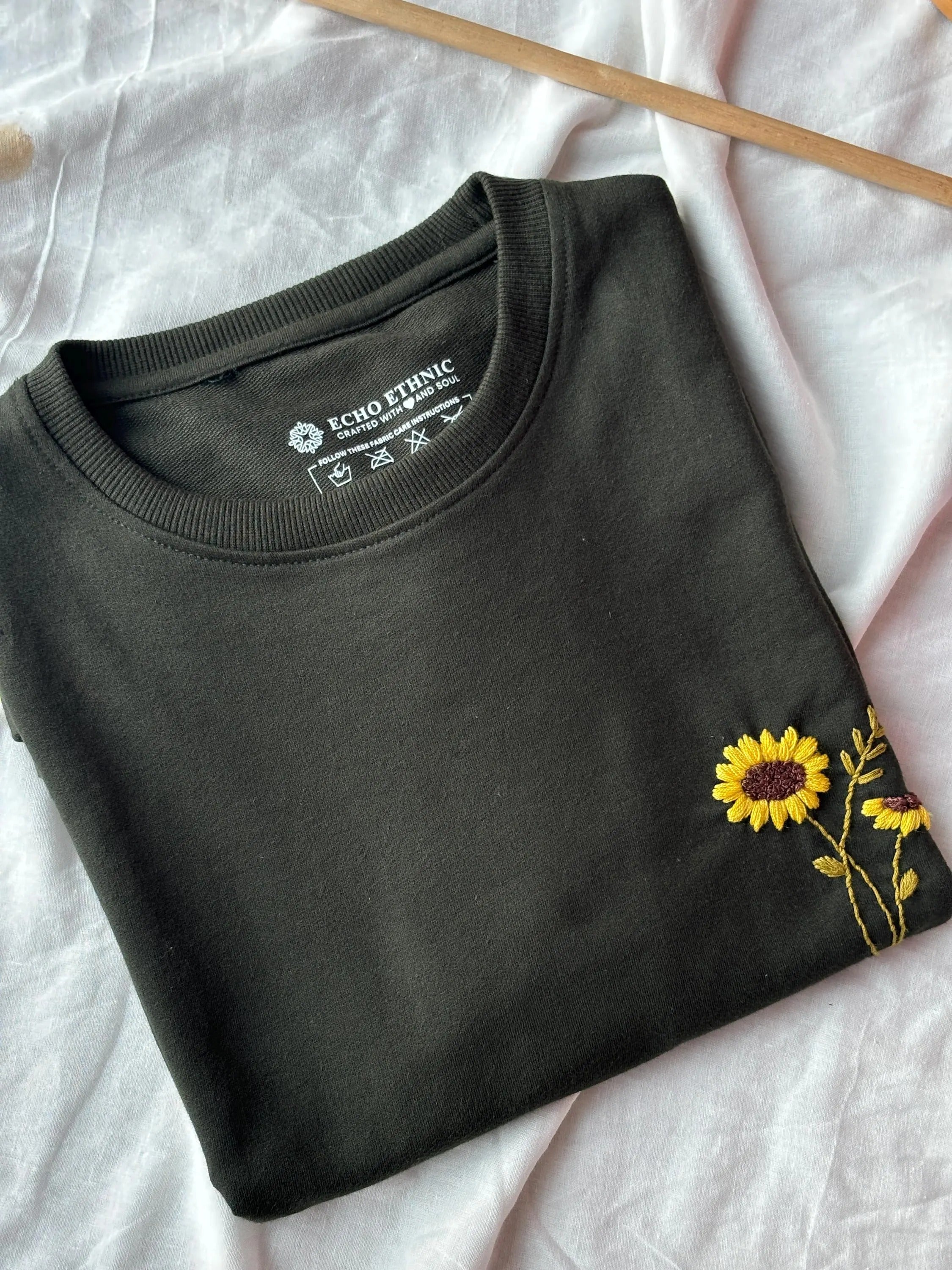 Hand Embroidered Sunflower Oversize T Shirt Unisex , Custom Tee, Personalized Embroidered T Shirt Dark Green Cotton T-Shirt , Unisex Tee