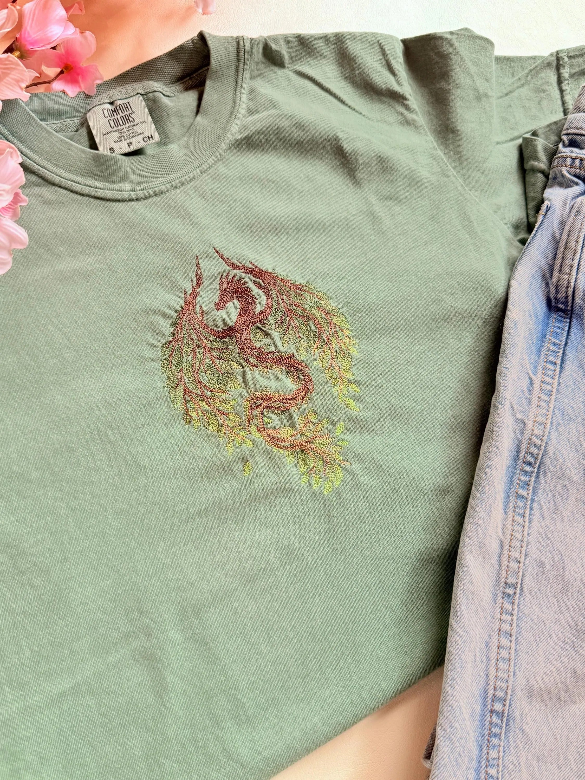 Summer Botanicals Nature Dragon Embroidered Tee | Fantasy T-Shirt