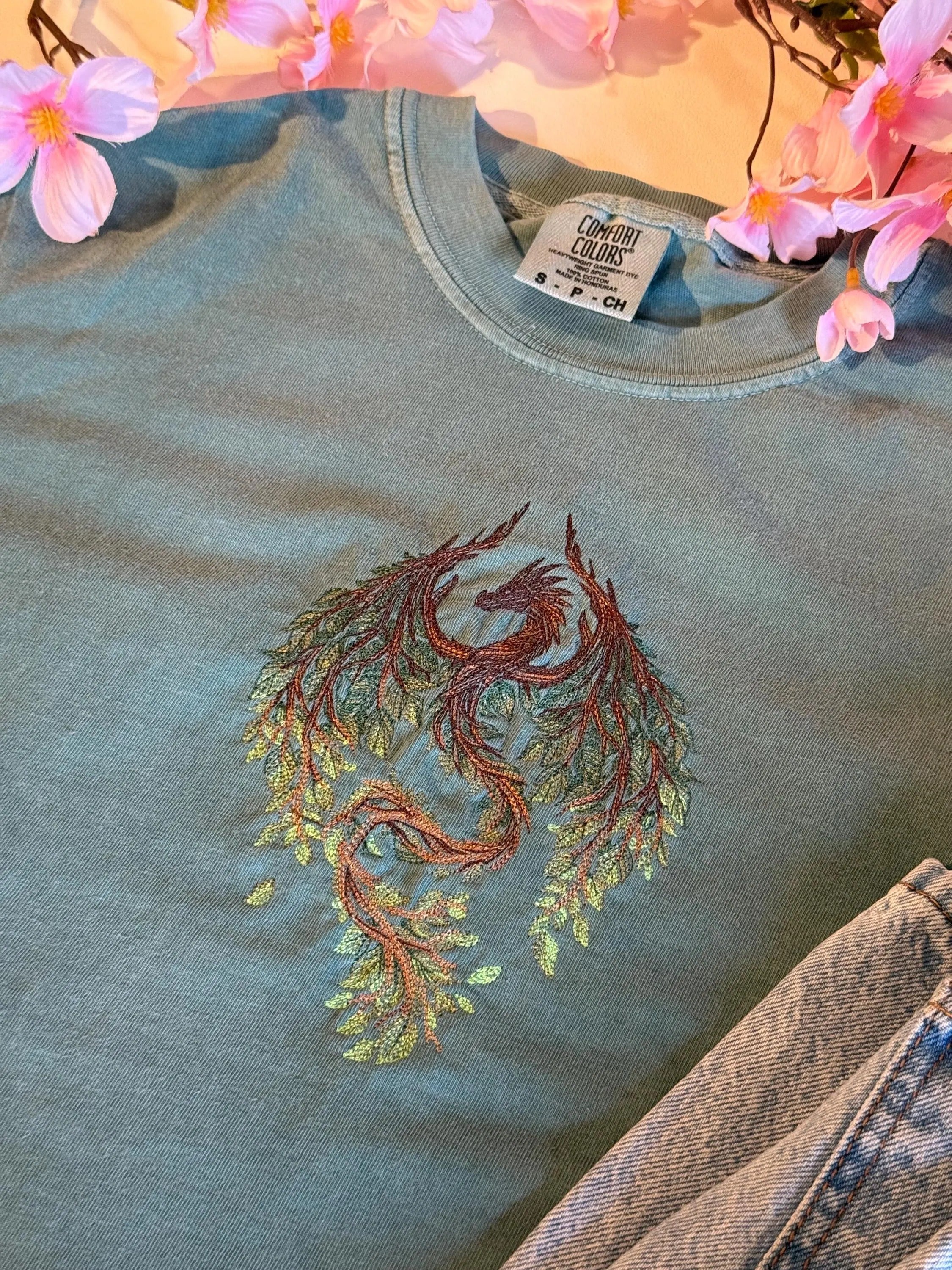 Summer Botanicals Nature Dragon Embroidered Tee | Fantasy T-Shirt