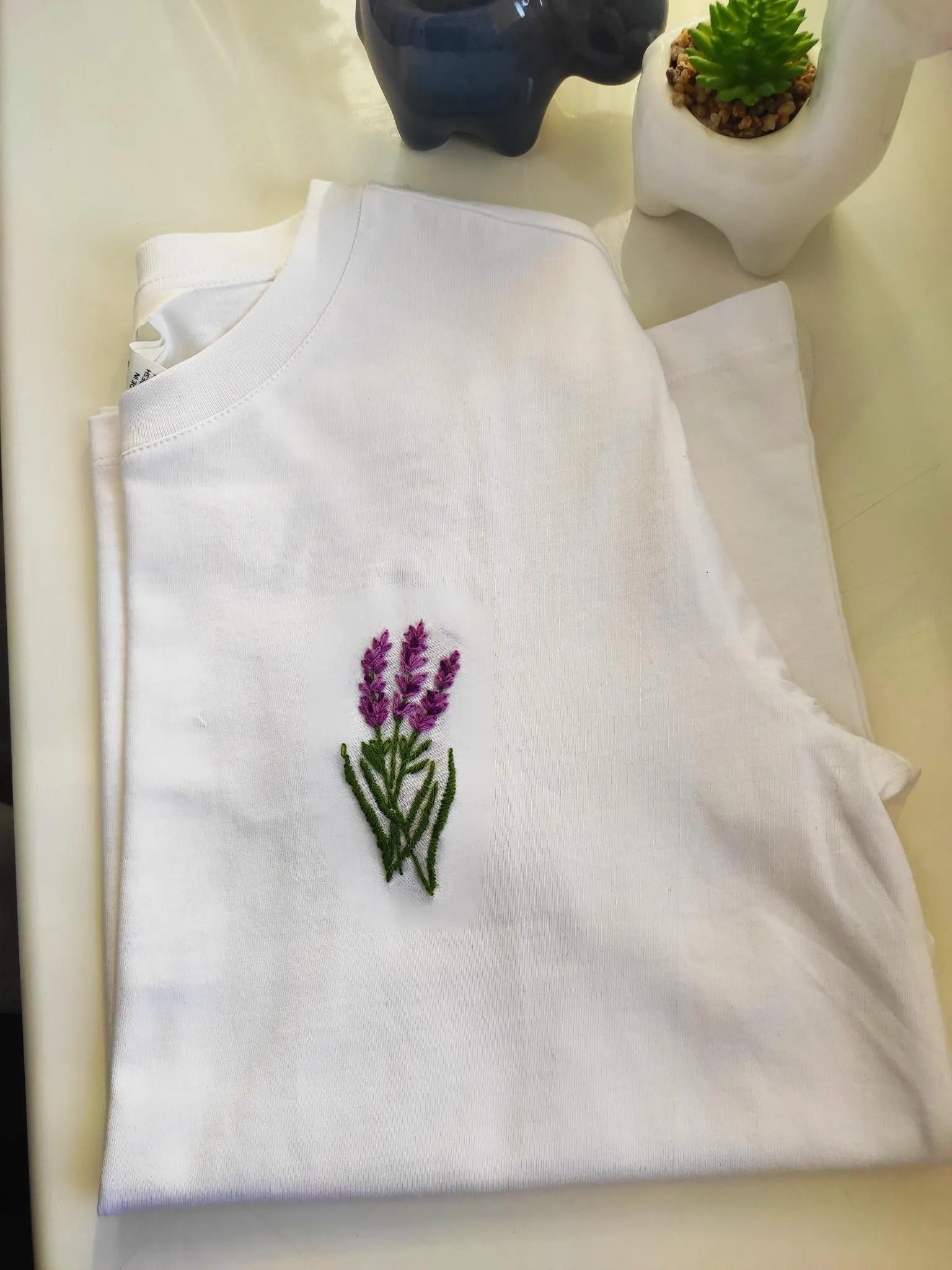 Hand embroidered T-shirt, embroidered lavender. Lavender flowers on t-shirt, t-shirt design