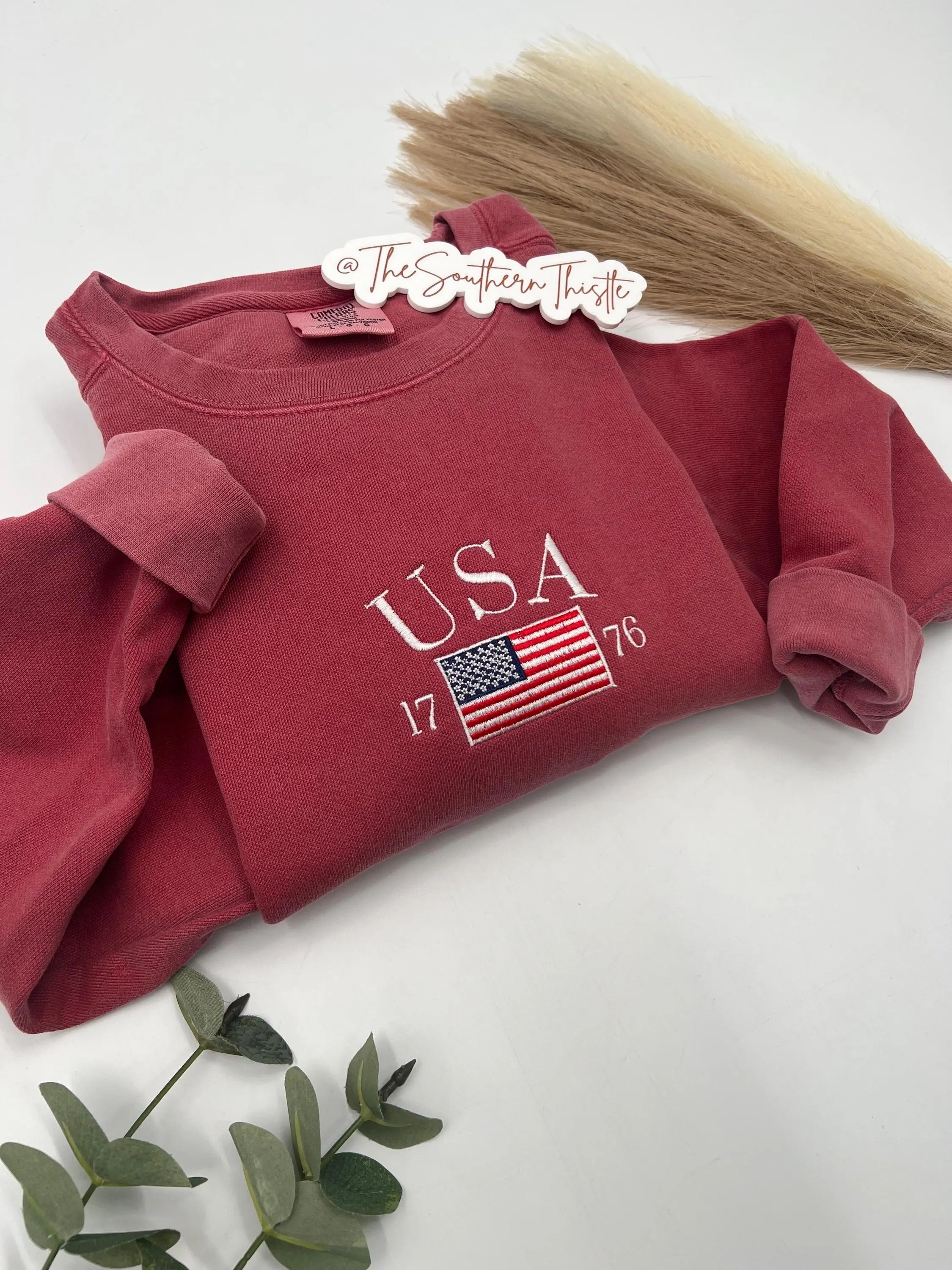 Embroidered USA Crewneck Sweatshirt, Personalized American Apparel, Custom Embroidery, Patriotic Gift American Flag Design