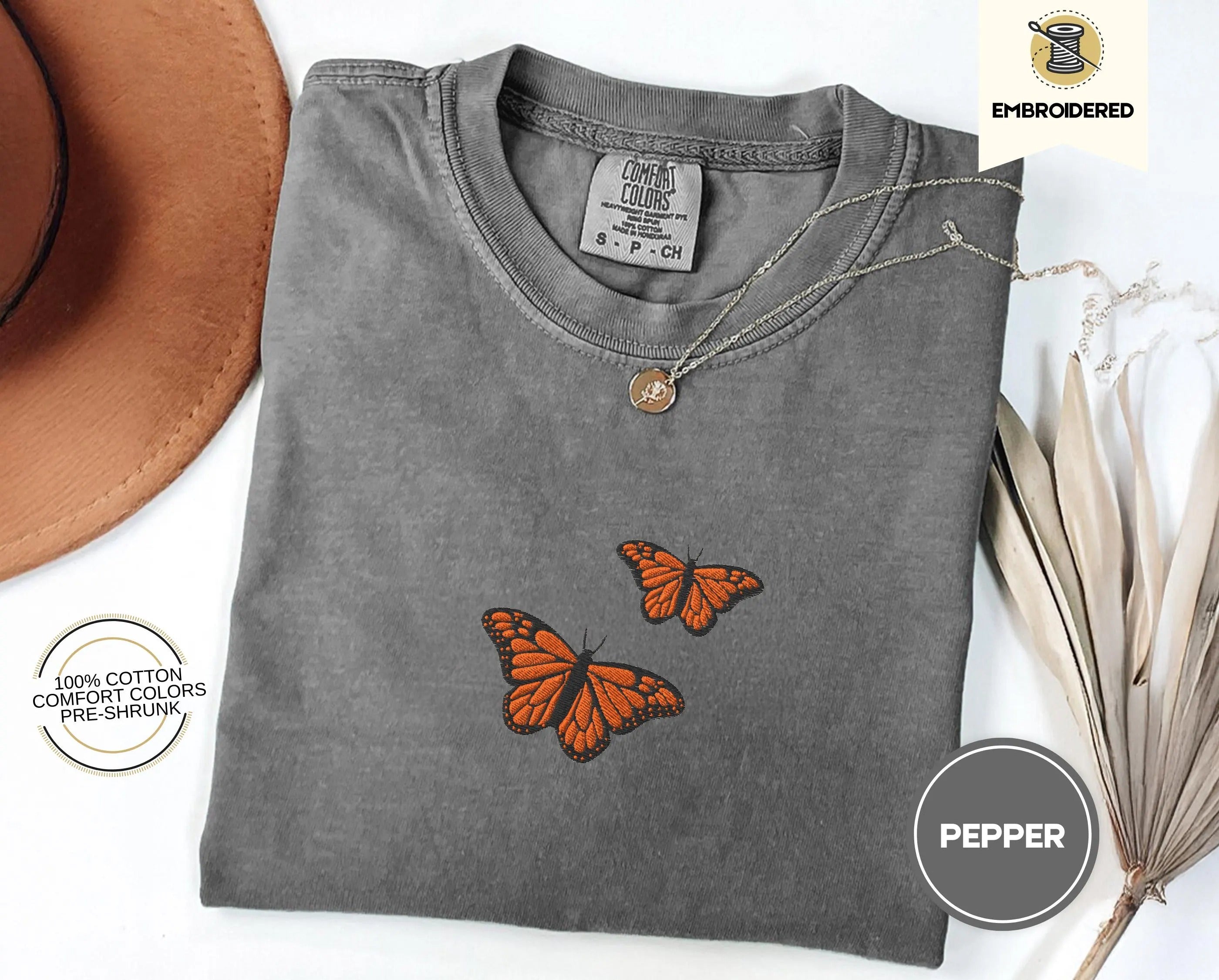 Butterfly Comfort Colors Tee, Embroidered Butterfly Shirt, Minimalist T-Shirt, Embroidered Tee, Embroidered Shirt, Custom Shirt, Retro Shirt