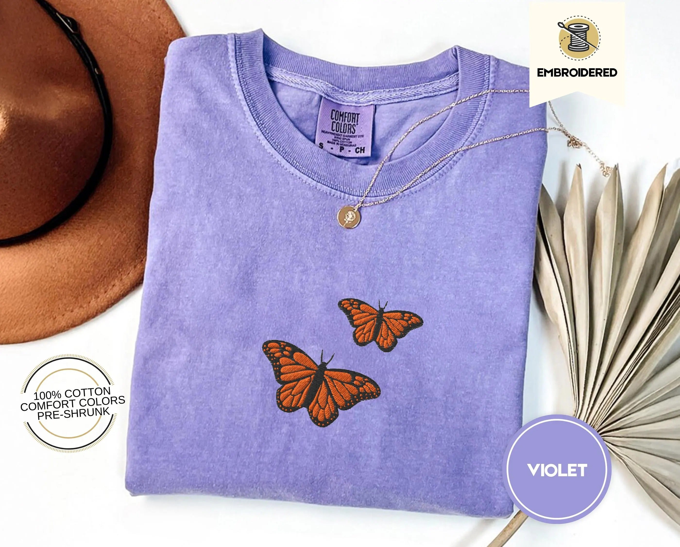 Butterfly Comfort Colors Tee, Embroidered Butterfly Shirt, Minimalist T-Shirt, Embroidered Tee, Embroidered Shirt, Custom Shirt, Retro Shirt
