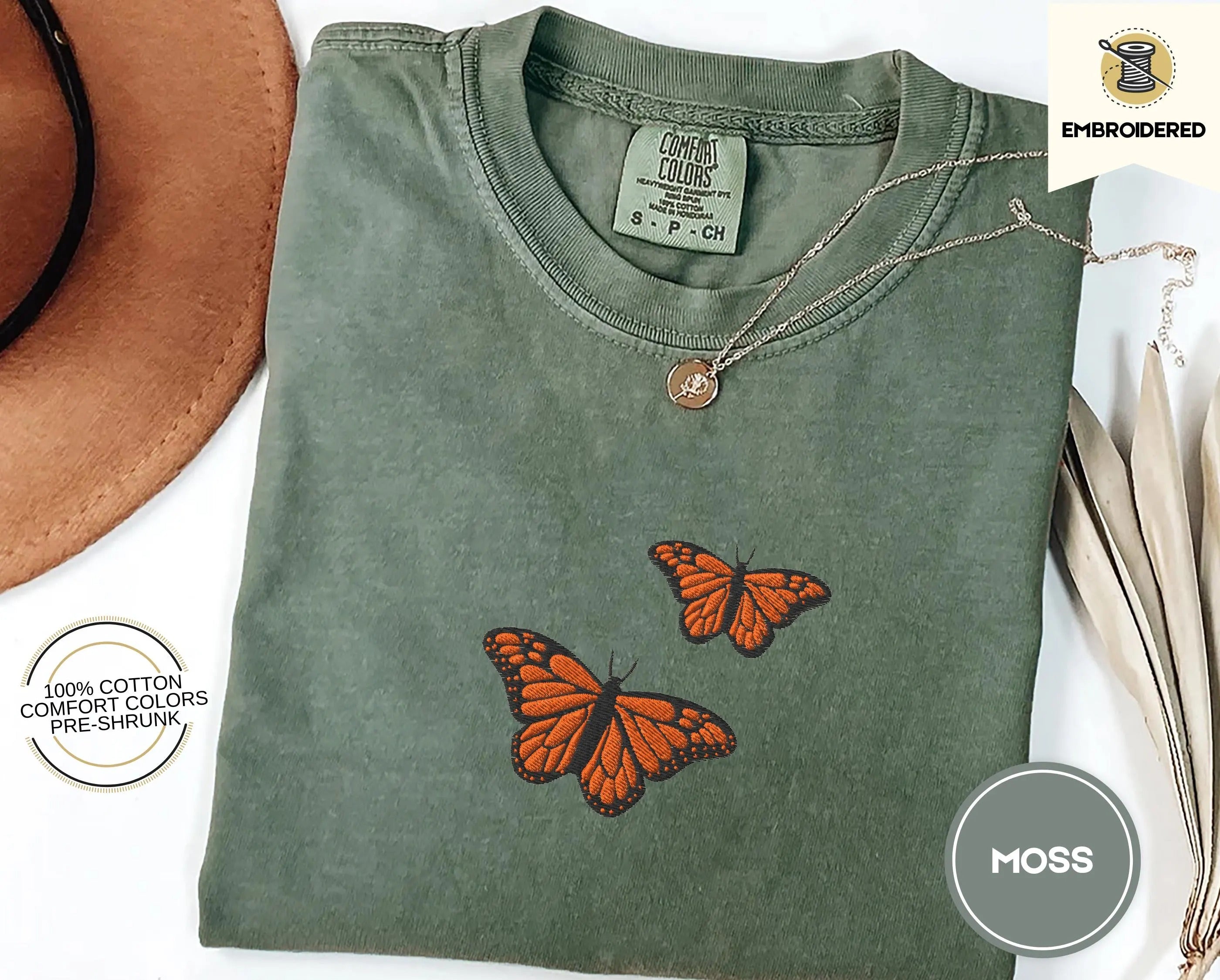 Butterfly Comfort Colors Tee, Embroidered Butterfly Shirt, Minimalist T-Shirt, Embroidered Tee, Embroidered Shirt, Custom Shirt, Retro Shirt