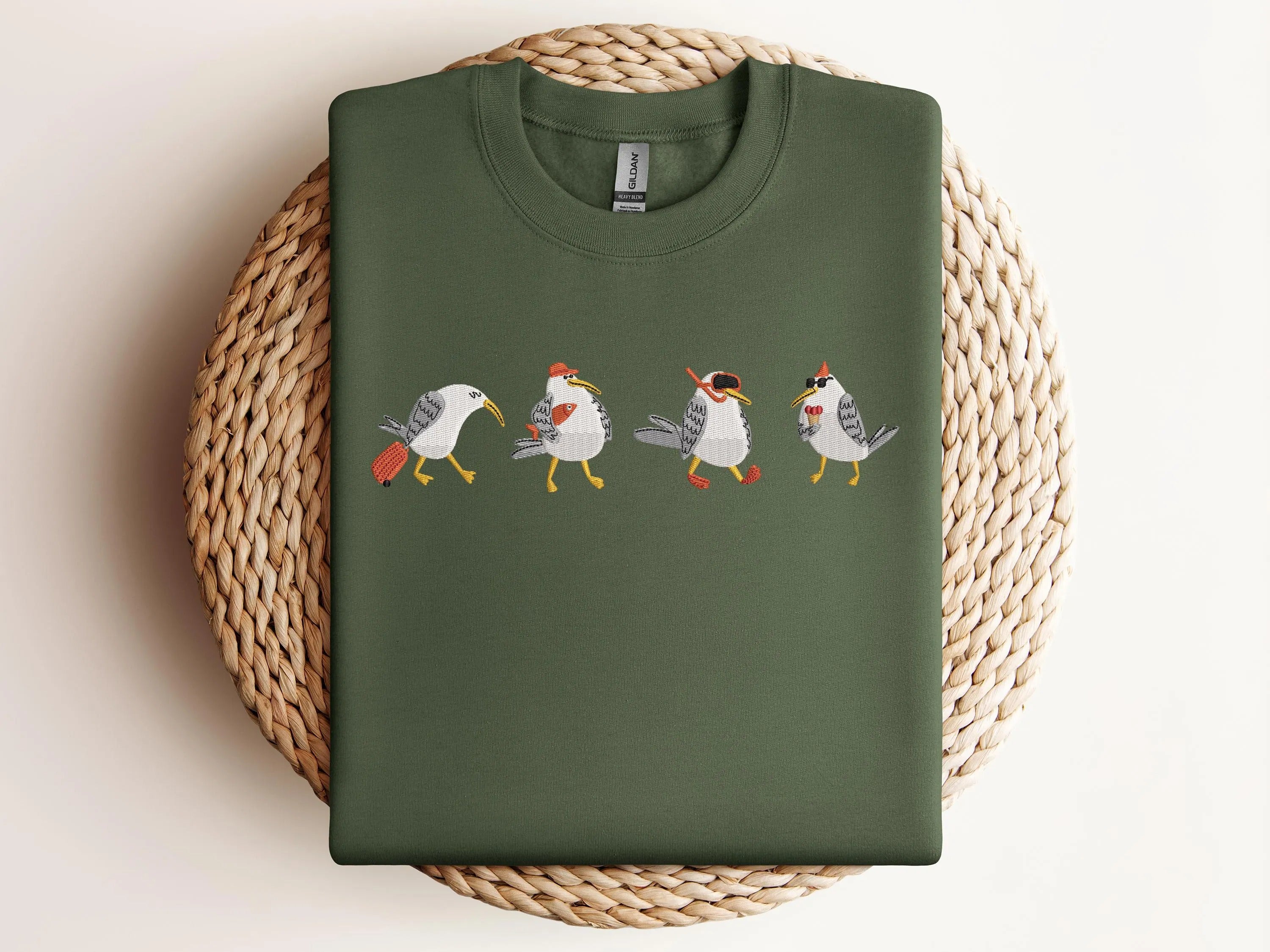 Embroidered Funny Seagull Shirt – Cute Summer Beach Tee with Coastal Vibe – Unique Gift for Ocean Lovers & Bird Embroidery Fans