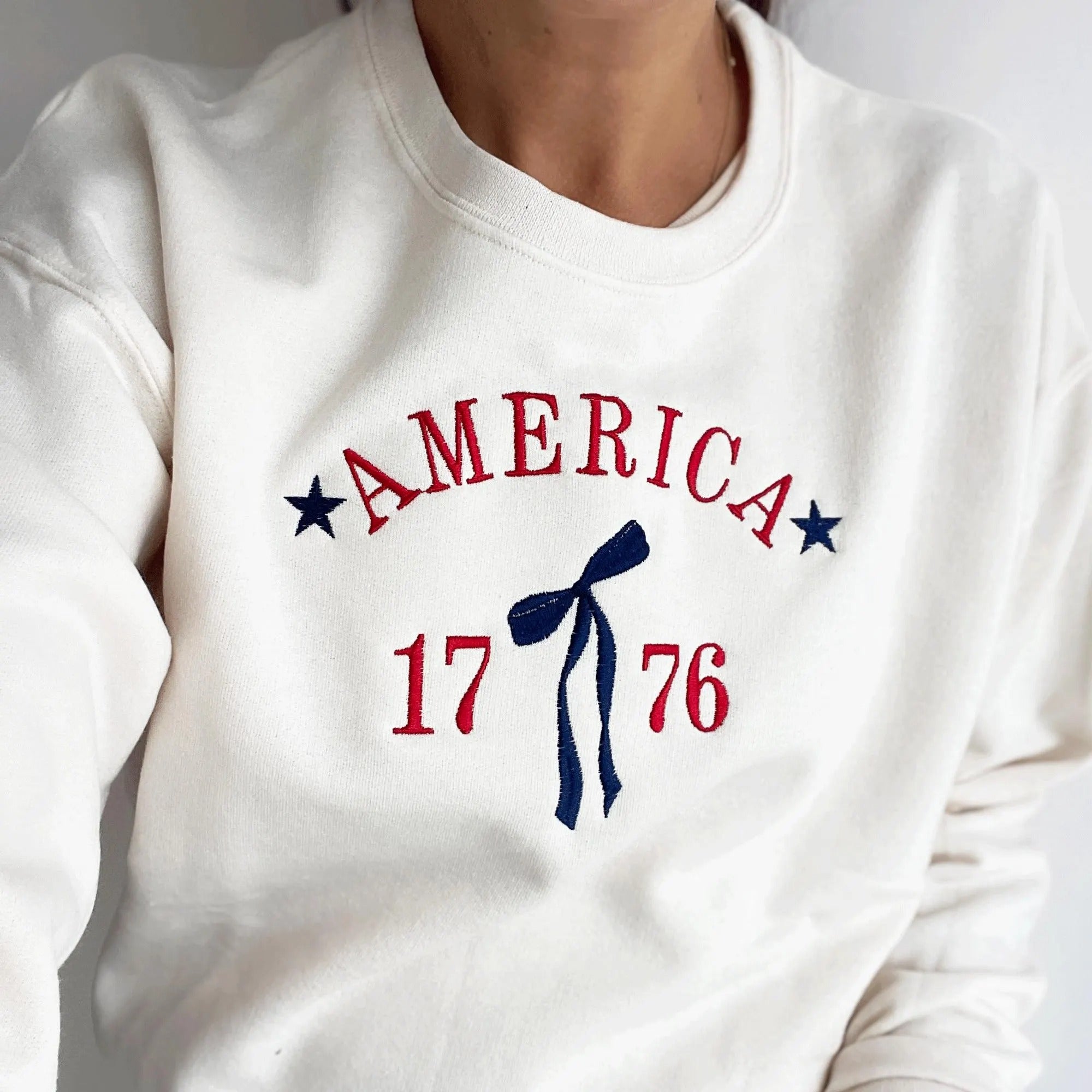 Embroidered Coquette Bow 1776 Crewneck Sweatshirt | Cute Americana Independence Day, 4th of July Top | Patriotic Cute Top | 4th-Of-July Tee