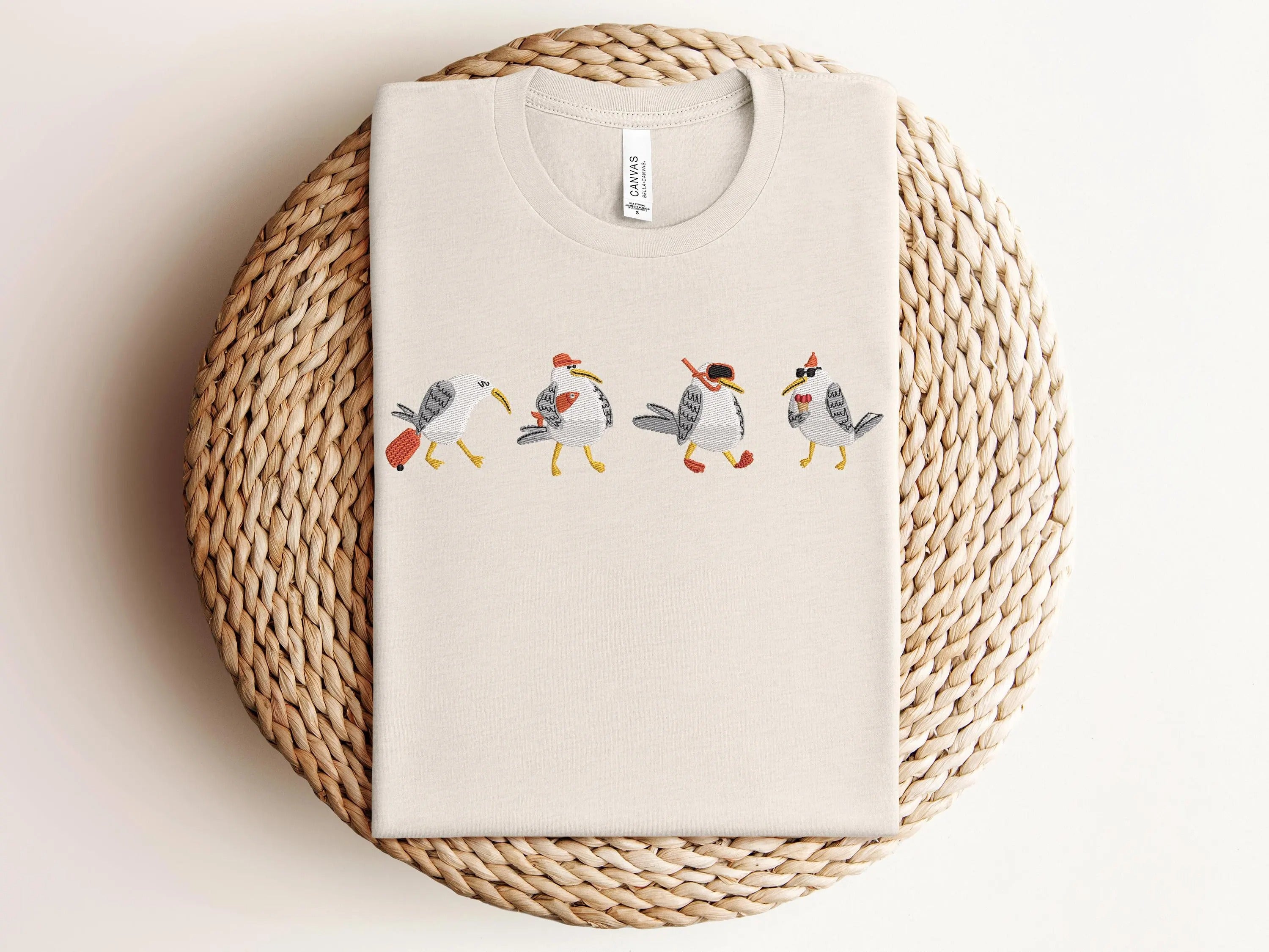 Embroidered Funny Seagull Shirt – Cute Summer Beach Tee with Coastal Vibe – Unique Gift for Ocean Lovers & Bird Embroidery Fans