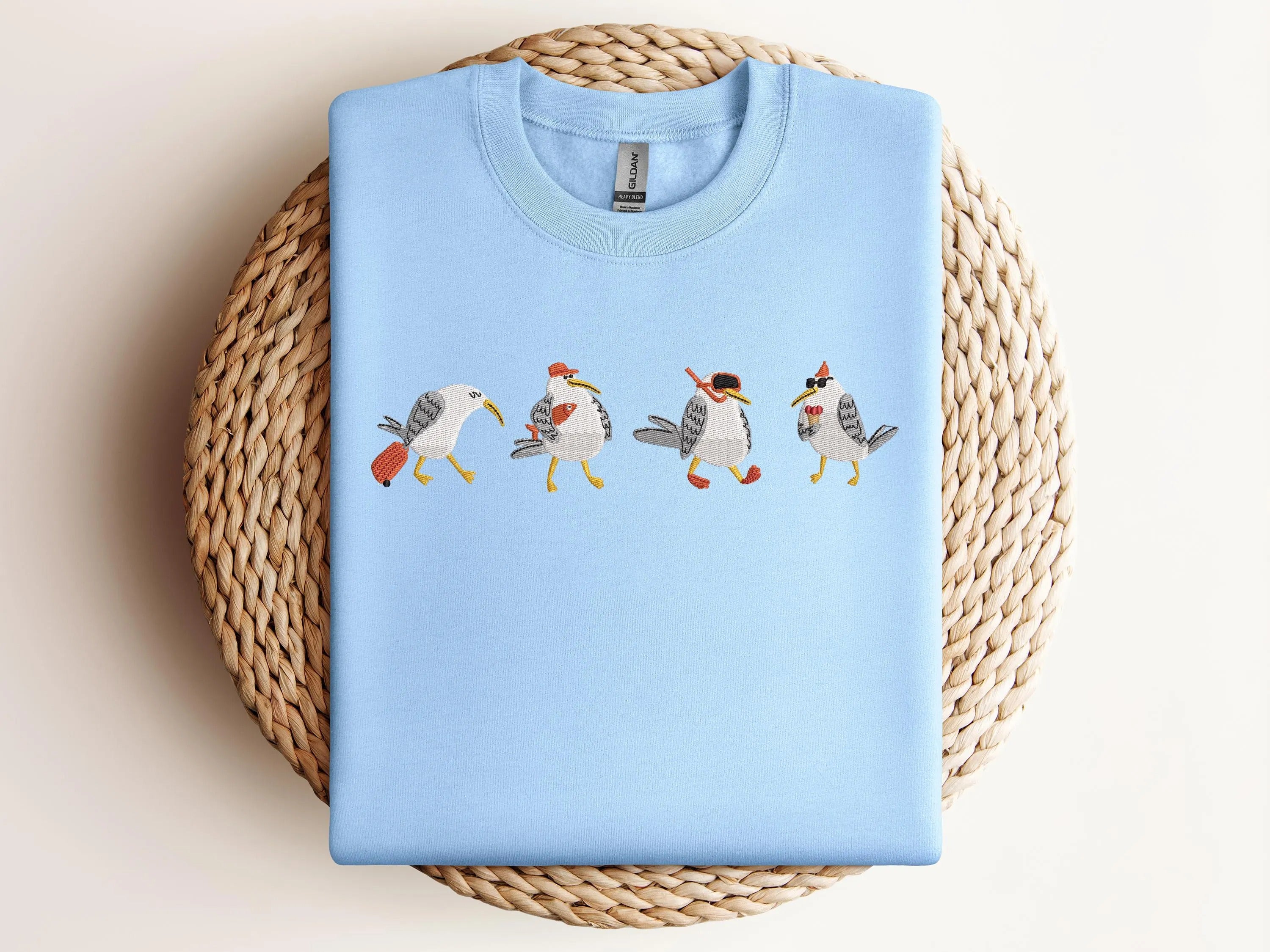 Embroidered Funny Seagull Shirt – Cute Summer Beach Tee with Coastal Vibe – Unique Gift for Ocean Lovers & Bird Embroidery Fans