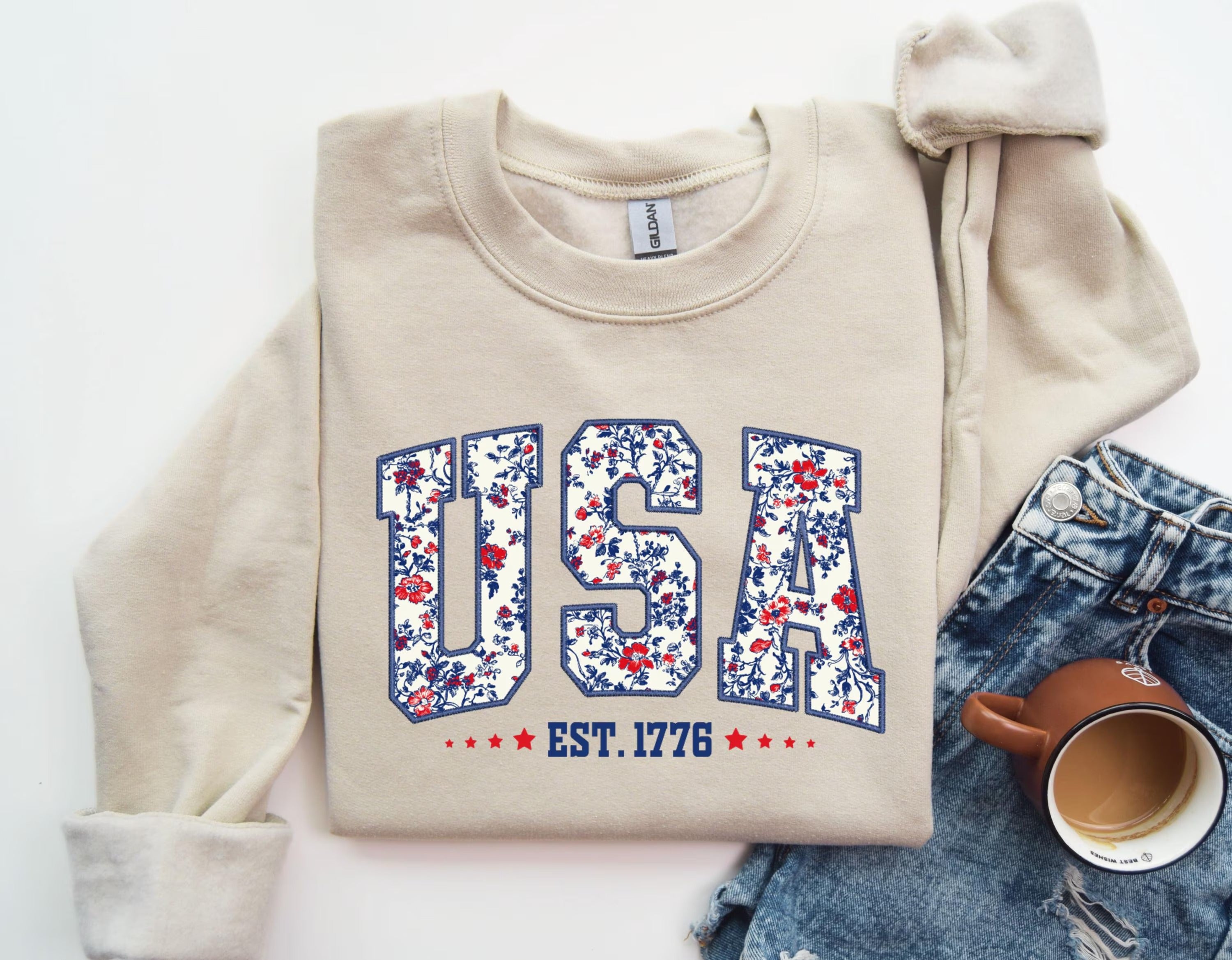 Floral USA Sweatshirt, Patriotic Women Sweatshirt, USA Est 1776 Sweatshirt, 4th Of July Sweatshirt, America Sweatshirt, Flower USA Sweater