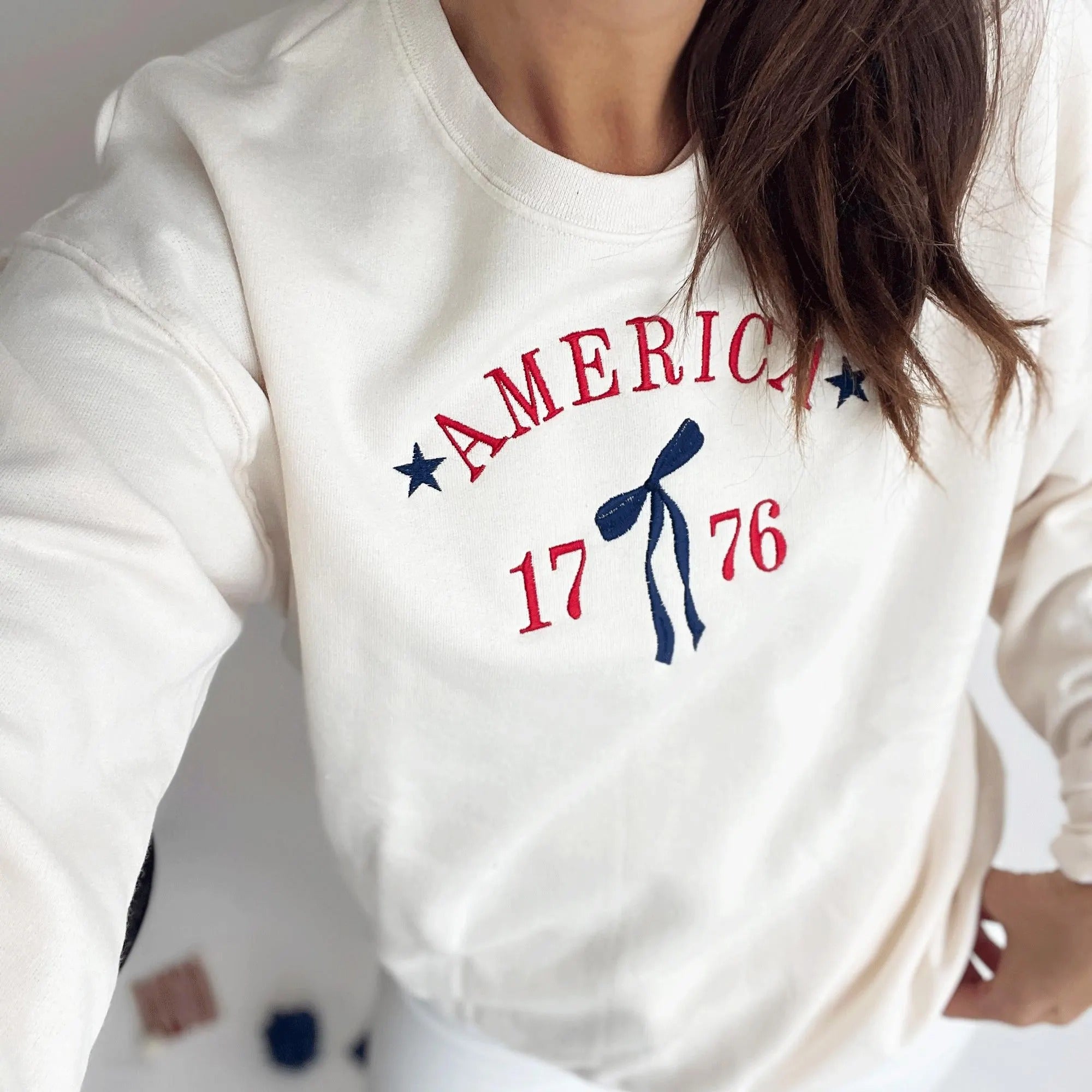 Embroidered Coquette Bow 1776 Crewneck Sweatshirt | Cute Americana Independence Day, 4th of July Top | Patriotic Cute Top | 4th-Of-July Tee