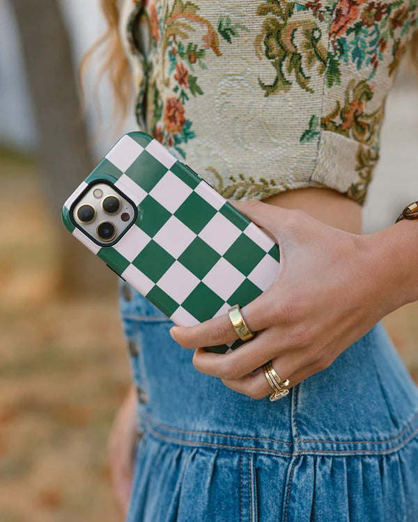 Casely iPhone Case | Fit Check | Green Checkerboard Case | Subtle Check Design Case Compatible with MagSafe