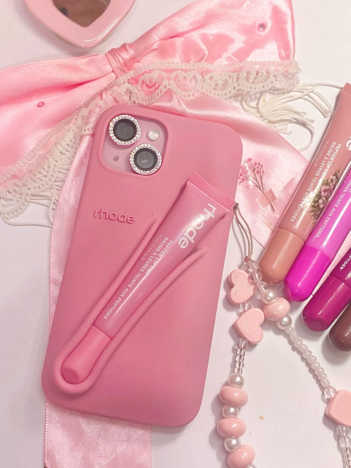DIY Rhode Ribbon Soft Silicone Lipstick Phone Case For iPhone 16 15 14 13 12 11 Pro Max Plus Portable Lip Gloss Holder Ins Hot Cover
