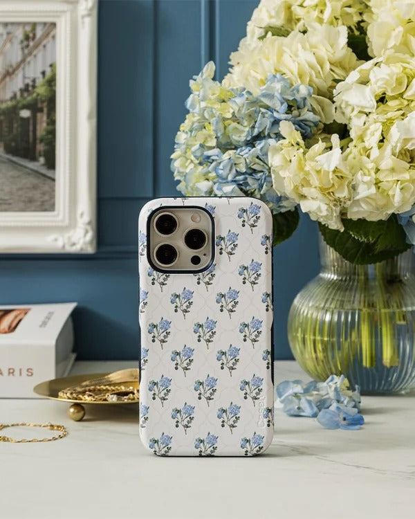 Casely iPhone Case | Vintage Garden | Blue Hydrangea Case | Vintage Blue Edition Case Compatible with MagSafe