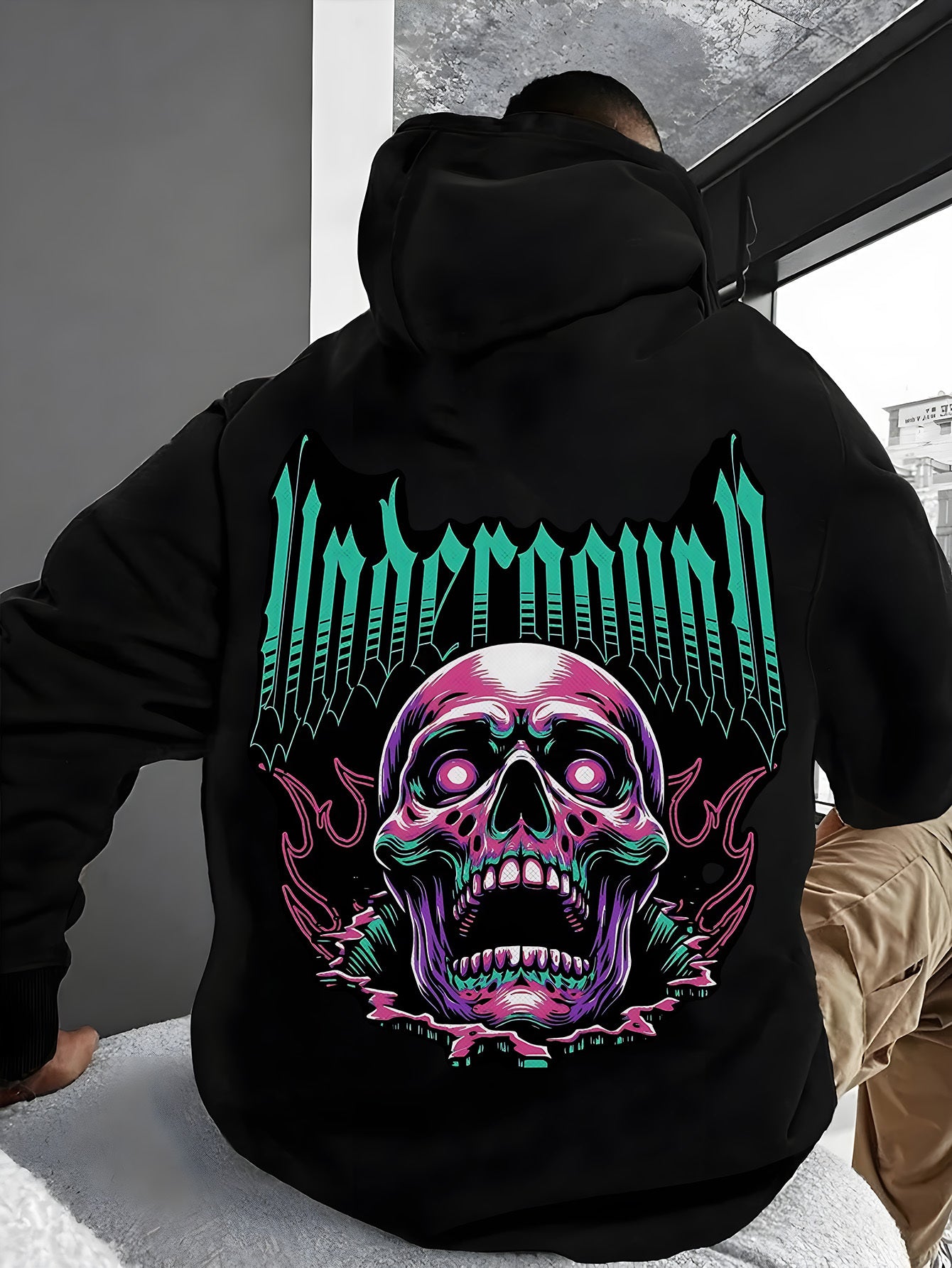Men's Casual Cotton Blend Hoodie with Skull Print, 50% Cotton 50% Polyester, Knit Fabric, Regular Fit, Fall/Winter Collection, Soft and Comfortable with Pocket Detail