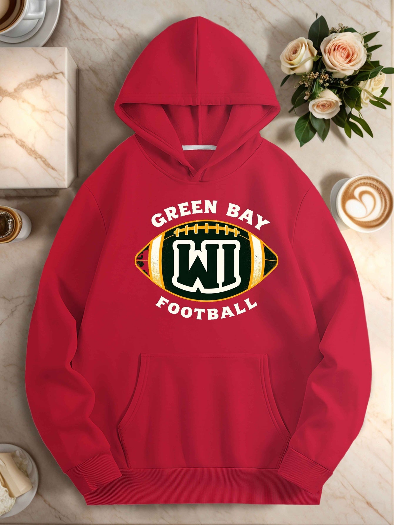 Women's Green Bay Football Hoodie - Casual Polyester Sweatshirt with Pockets, Long Sleeves, Machine Washable, Perfect for Fall/Winter