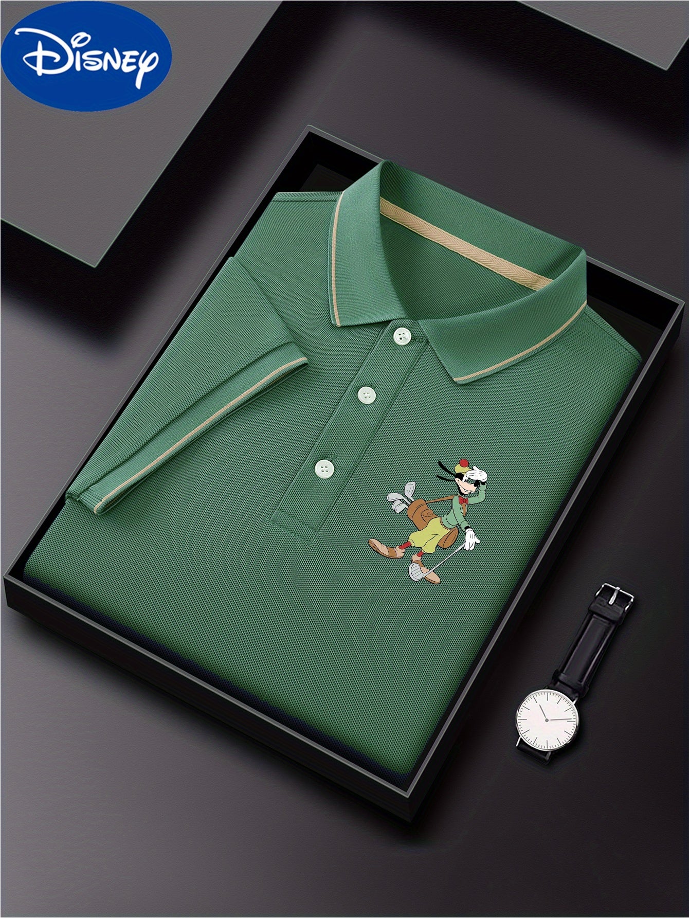Disney Goofy Golf Print Shirt for Men & Women - Lightweight Quick-Dry Breathable Polyester, Color-Blocked Collar Design, Business Casual Golf & Summer Wear, Machine Washable, Gift Box Included, Sports Leisurewear, Durable Spo