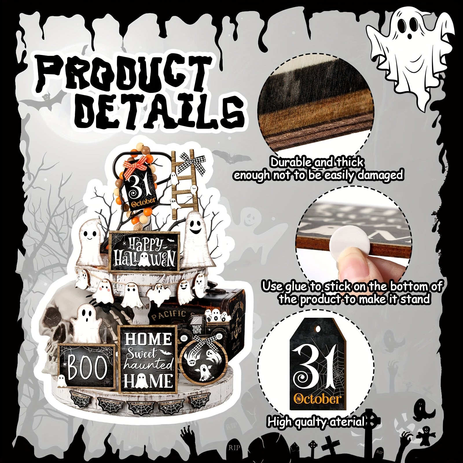 Halloween Tiered Tray Decor Set of 21pcs - Rustic Wooden Sign for Table Centerpiece, Farmhouse Kitchen, Party Shelf Display - Spooky Indoor Home Decorations - Event Setup for Holiday, Summer Gathering, Independence Day Party