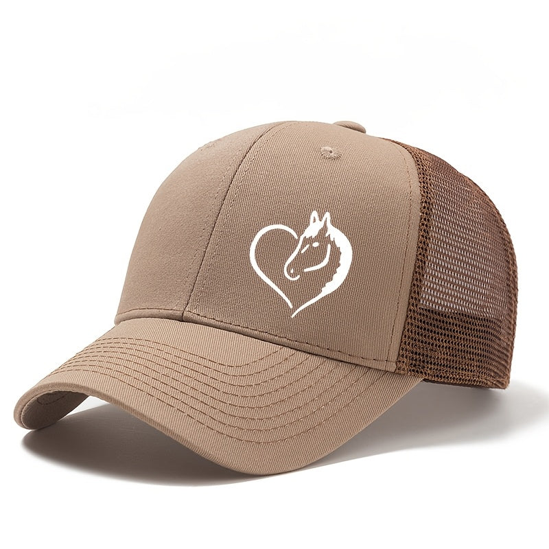 Fashionable Outdoor Sunshade Baseball Cap with a Heart And Horse Pattern, Suitable for Both Men And Women, Perfect for Casual Wear, Outdoor Parties, And Truck Drivers.