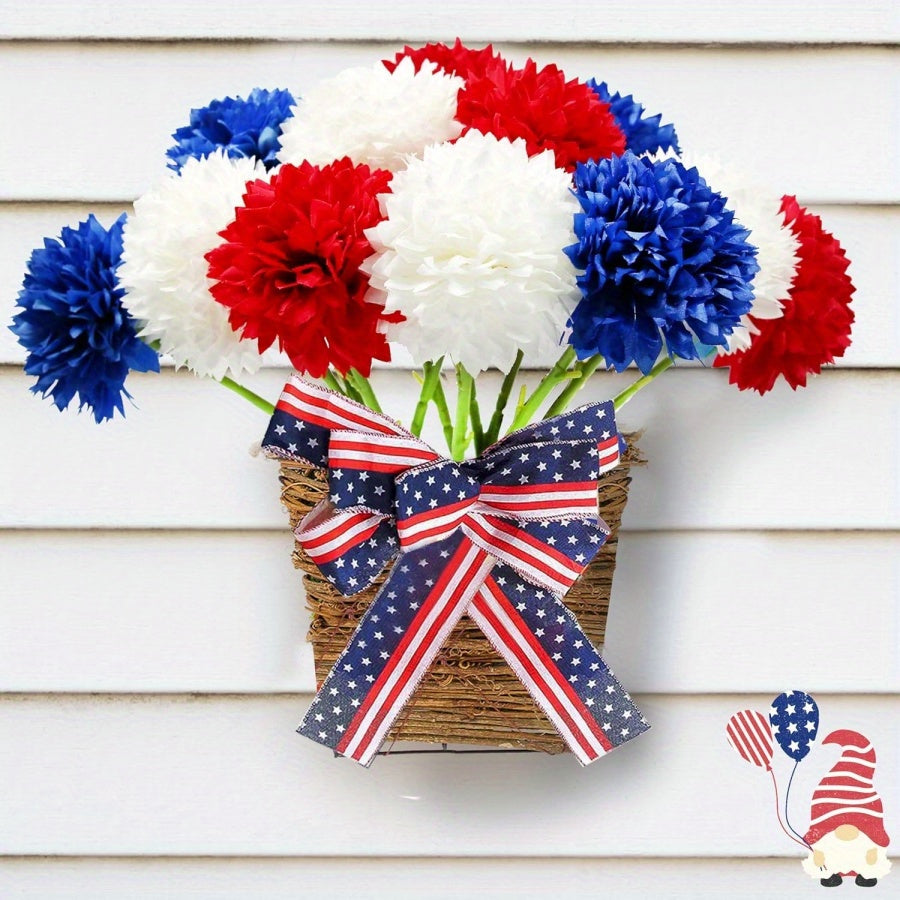 Patriotic Artificial Flowers Red White Blue Ball Chrysanthemum Bouquet | 4th Of July Memorial Family Gathering Center Vase Decoration