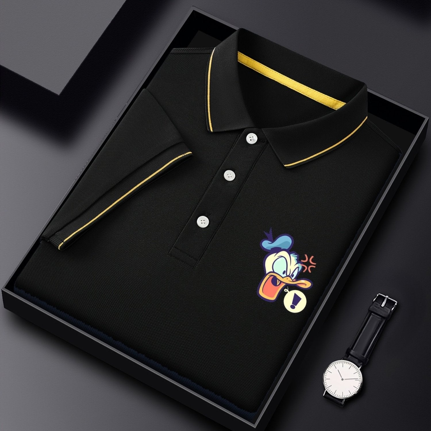 Disney Donald Duck Printed Men'S Summer Classic POLO Shirt, Advanced Business Casual, Contrasting Collar Design, Light, Breathable And Quick-Drying Polyester [Official License]
