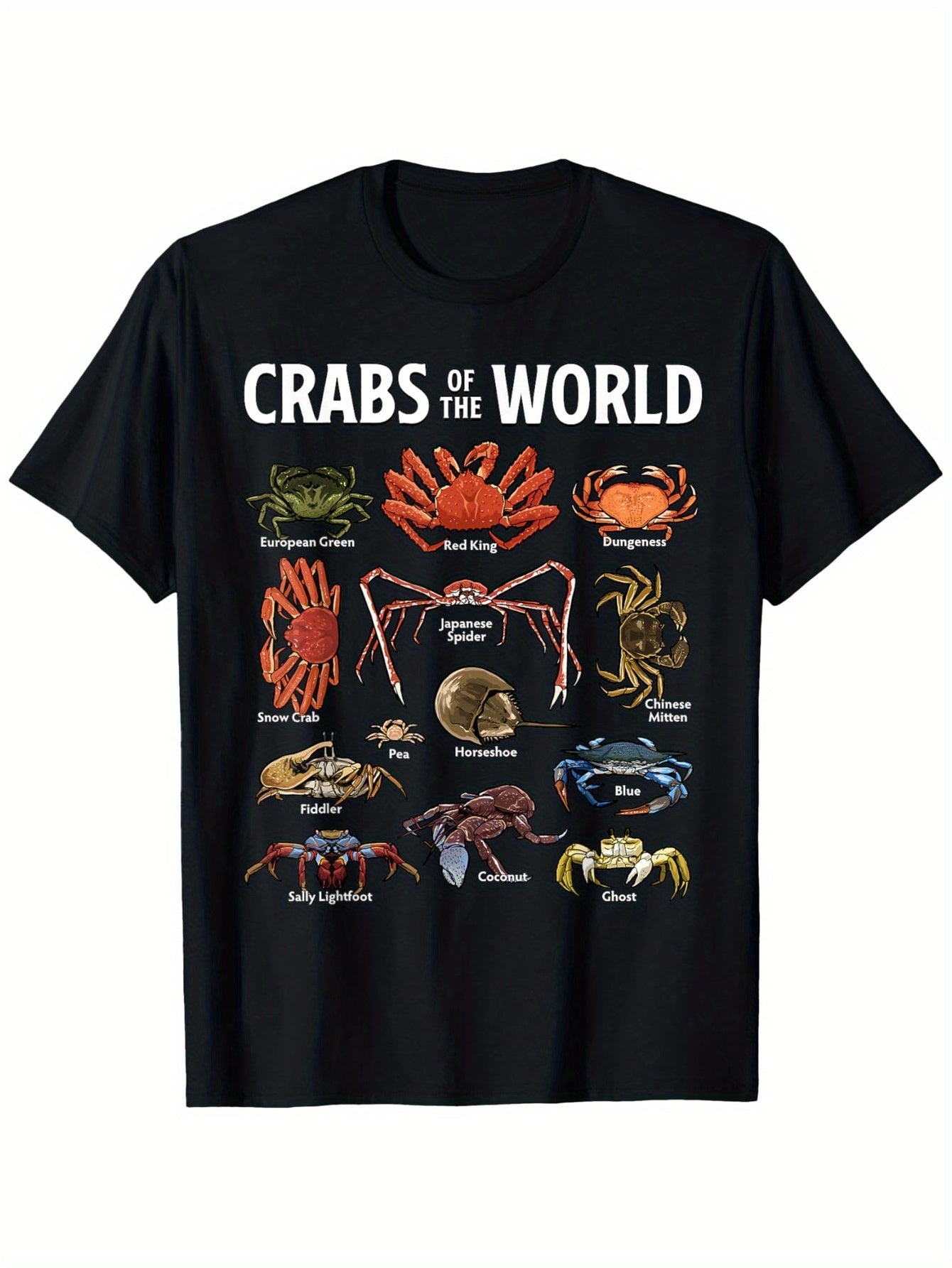 Crabs of the World T-Shirt - 100% Cotton Soft Touch 180g Fabric, Black Casual Round Neck Tee with Vibrant Marine Life Crab Illustrations & Scientific Names, Educational Graphic Novelty Apparel for Seafood Lovers (Sizes S-XXXL