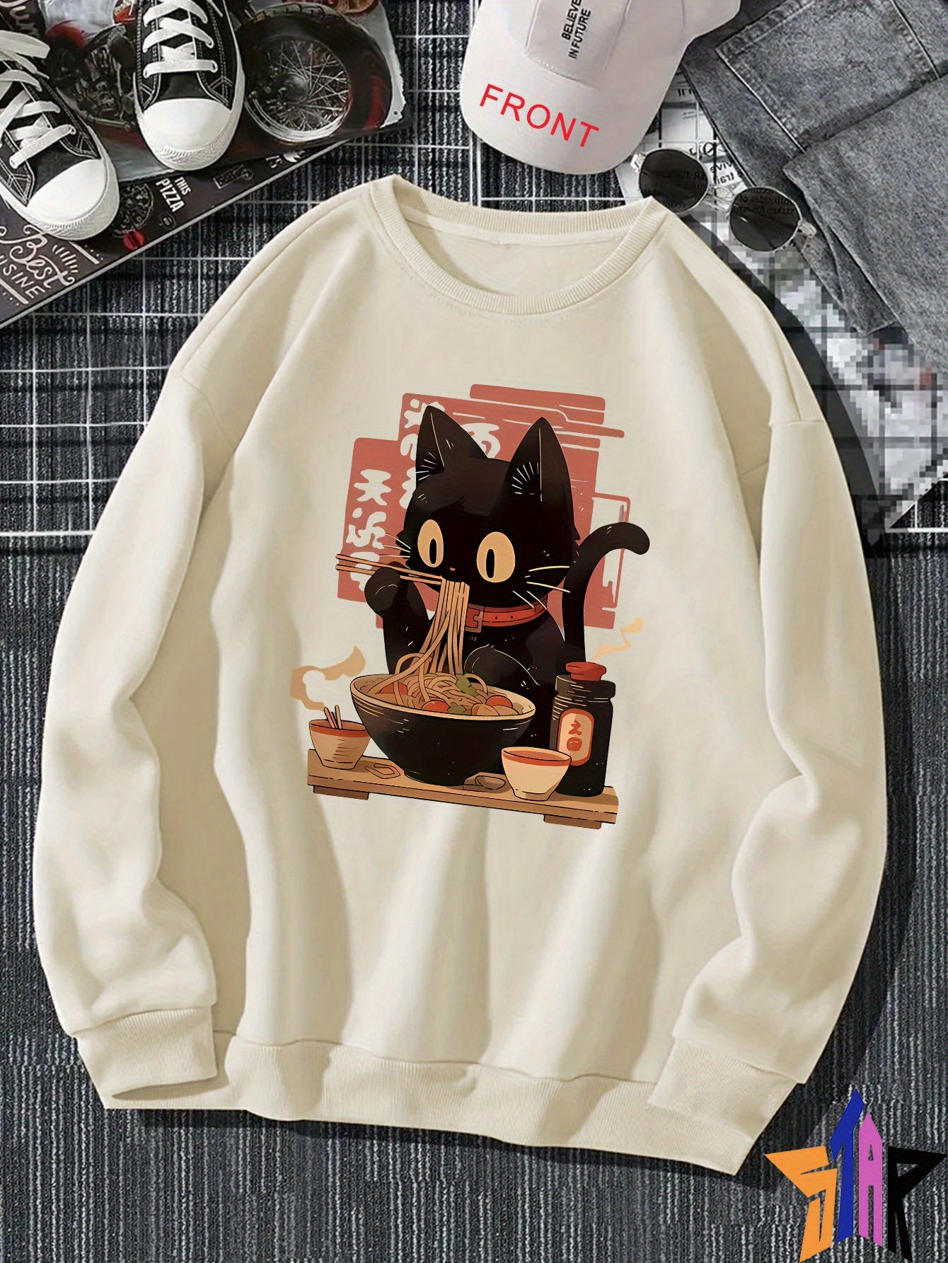 Anime style, animal, cat, ramen, pattern print, men's fashion trend top, autumn and winter leisure outdoor crewneck pullover soft breathable sweatshirt, men's and women's daily commute comfortable long sleeve hoodie