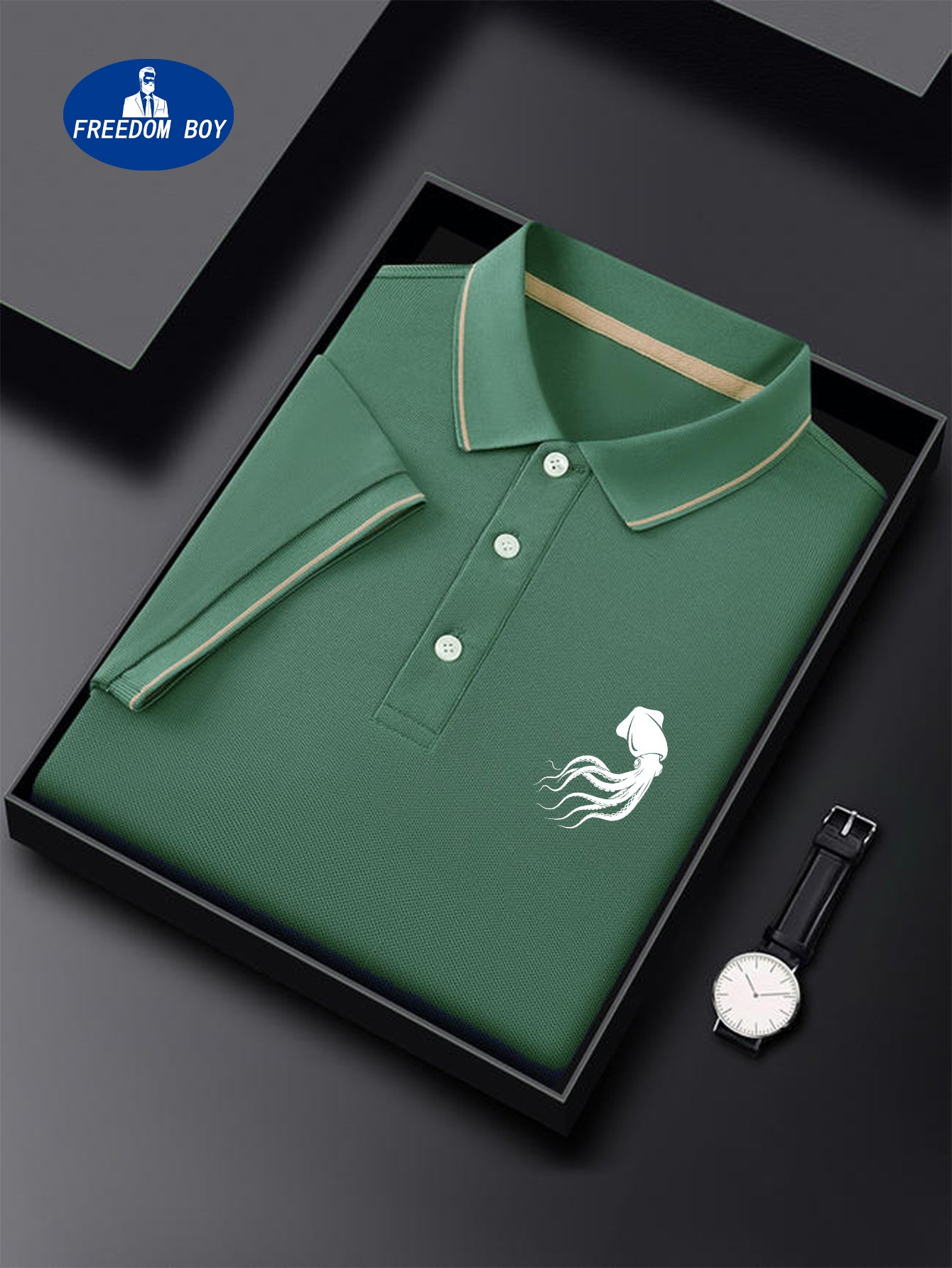 Octopus Logo Men'S Summer Short Sleeved Polo Shirt with Small Logo Pattern, High-End Feel, Light Business, Short Sleeved Top, Suitable for Sports, Golf, Tennis, Fishing, Leisure Vacation Wear