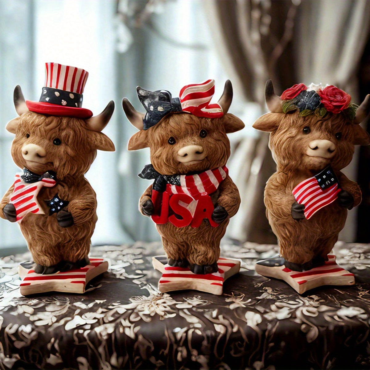 Mother'S Day Independence Day Birthday Gift New Casual, Elegant And Fashionable Patriotic Highland Cow Statue Cute Resin Animal Statue Independence Day Indoor And Outdoor Garden Decoration