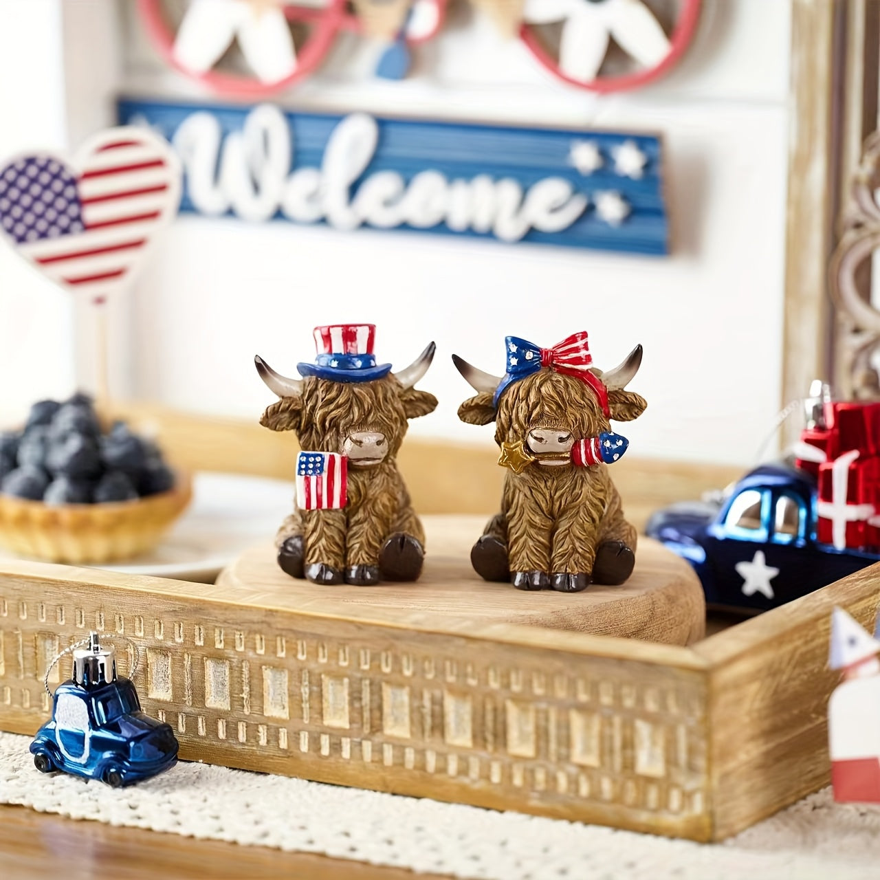 Highland Cow Patriotic Decorations, Medium High Mountain Yak Figurines | 4th Of July Decorations, Memorial Day Independence Day Home Decor for Table Kitchen Bedroom Bathroom, Daily Gift for Mother's Father's Day