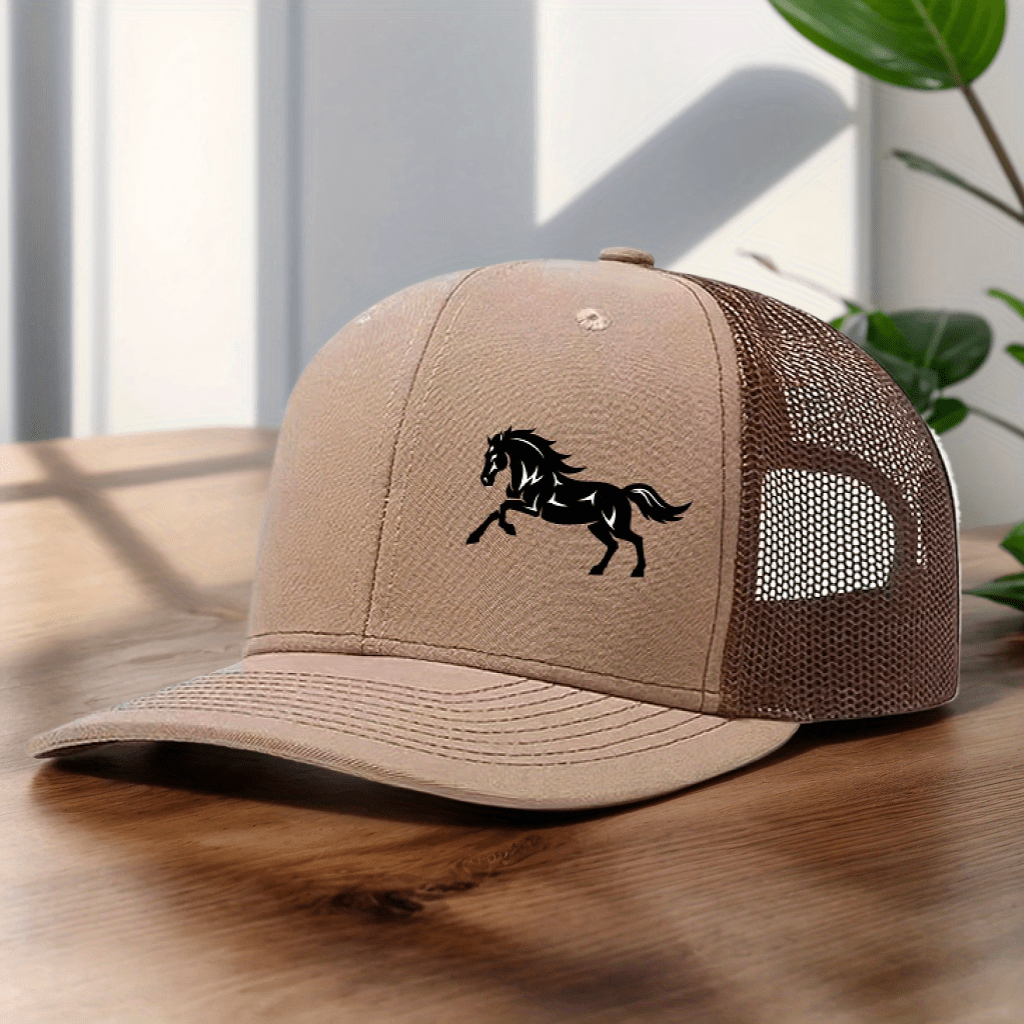 [Adventure] Men's Black Mesh Baseball Cap with Running Horse Design - Breathable Trucker Hat for Outdoor Sports & Casual Wear