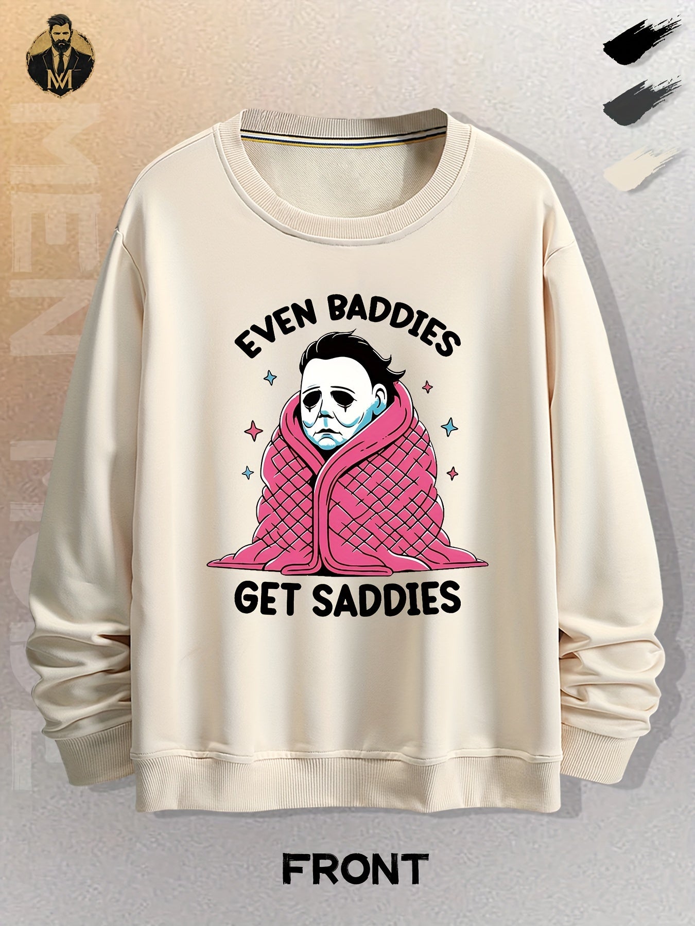 [Cozy Men's Sweatshirt] Cozy Loose Fit Men's Graphic Sweatshirt | Durable Polyester Blend, Ribbed Cuffs, Casual & Versatile for Autumn/Winter, Outdoor Travel | Gray with Michael Myers Print