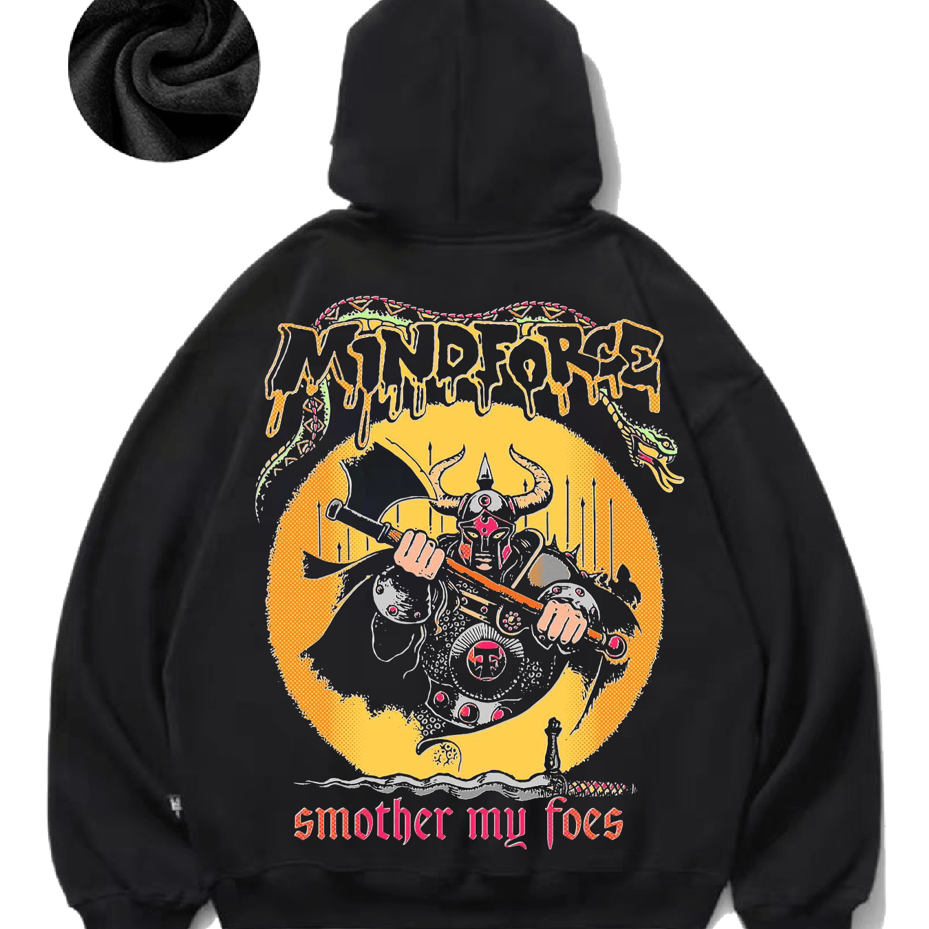 Men's Viking Warrior & Serpent Graphic Hoodie - Fleece-Lined, Casual Black Pullover with Pockets, Cotton/Polyester Blend, Long Sleeve, Machine Washable