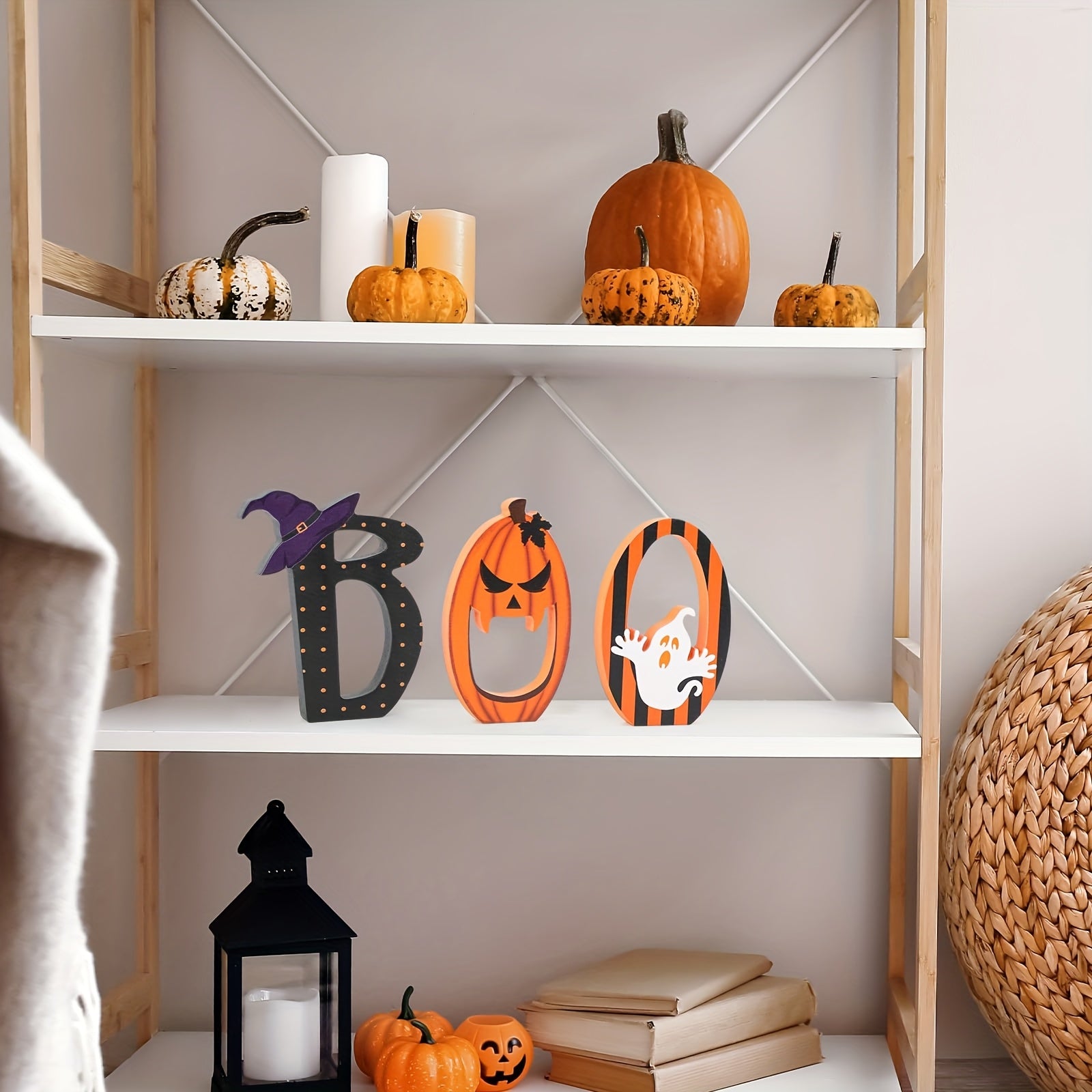 3pcs Halloween Indoor Table Decorations, Vintage Halloween Black Orange Tiered Tray Decorations Wooden Happy Boo Day Decorative Sign For Party Home Shelf Display, Tabletop Decorative Ornament Plaque