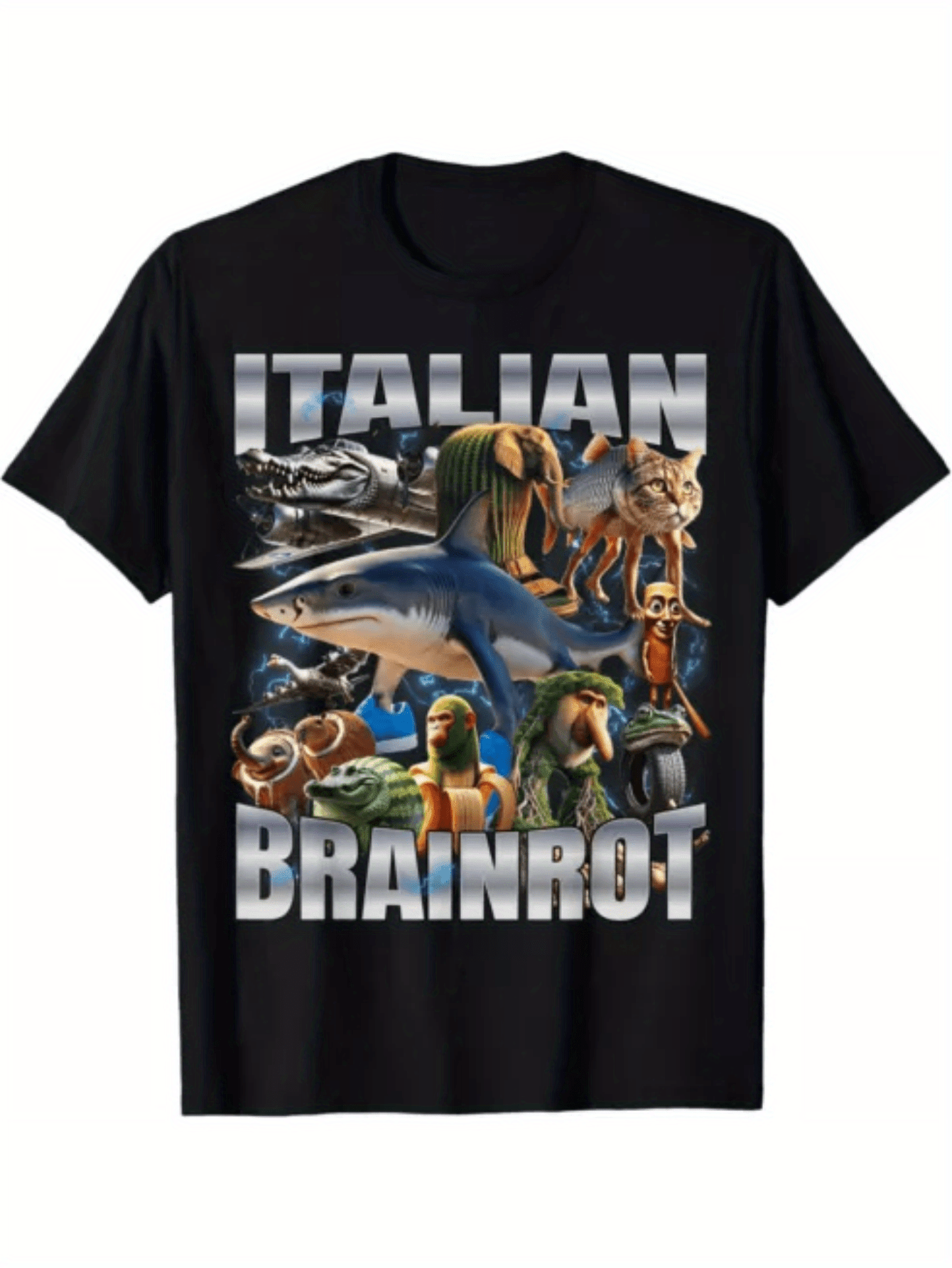 Italian Brainrot Graphic T-Shirt for Men & Women - 100% Cotton 220gsm Heavyweight, Short Sleeve Round Neck Casual Tee with Vibrant Shark & Creature Print, Machine Washable All-Season Comfort Fit, Unisex Clothing, Playful Desi