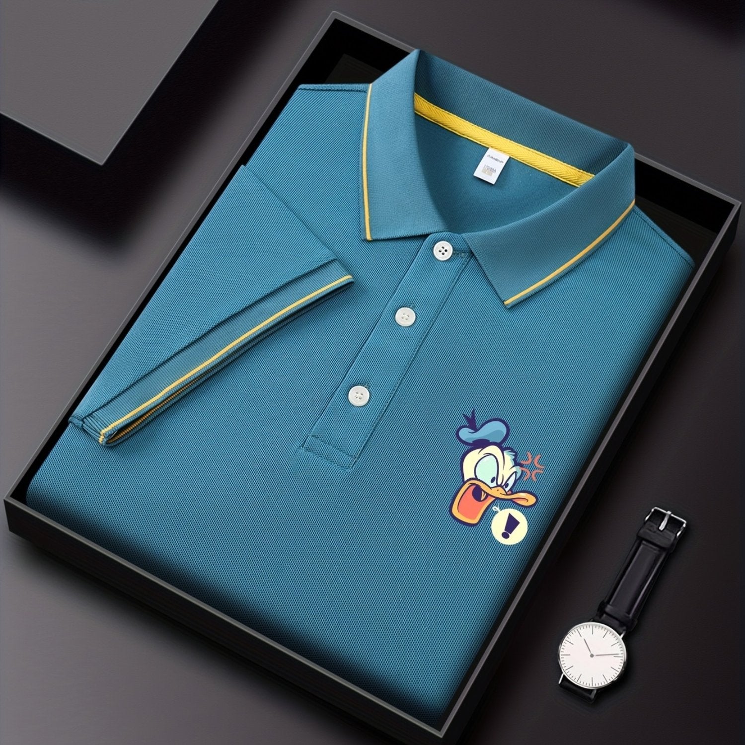 Disney Donald Duck Printed Men'S Summer Classic POLO Shirt, Advanced Business Casual, Contrasting Collar Design, Light, Breathable And Quick-Drying Polyester [Official License]