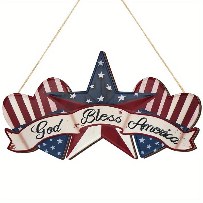 [Patriotic Wall Hangings] Patriotic 2D Flat Rustic Wooden 'God Bless America' Wall Hangings 11.81x6.49in | 4th of July Star and Heart Pendant with Rope, Farmhouse Style Holiday Decoration for Home Porch or Garden, Memorial Da
