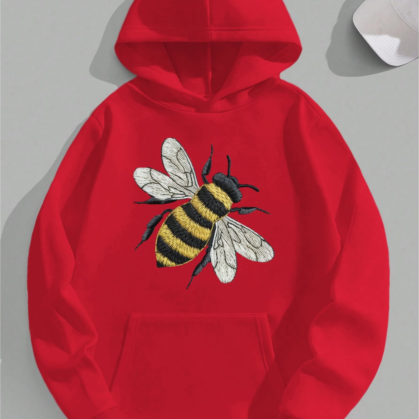 Women's Black Hoodie with Embroidered Bee Design - Cozy Long Sleeve Knit Sweatshirt, Polyester Blend, Front Pocket, Fall/Winter Casual Wear, Fall Casual Clothing | Hooded Sweatshirt | Knit Texture Hoodie, Sweater Hoodie