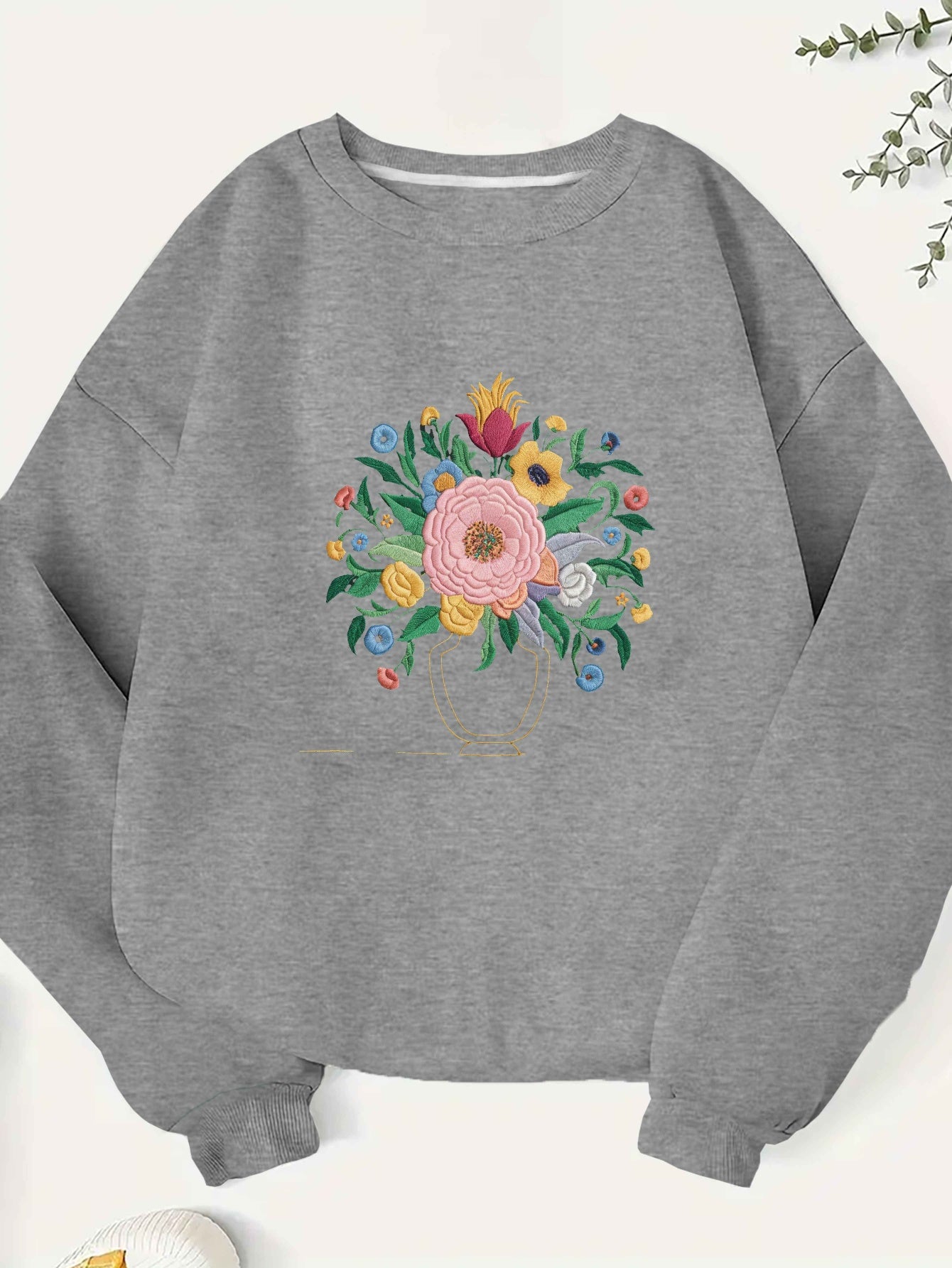 Embroidered Floral Pattern Illustration 250G Women'S Plus Size Sweatshirt