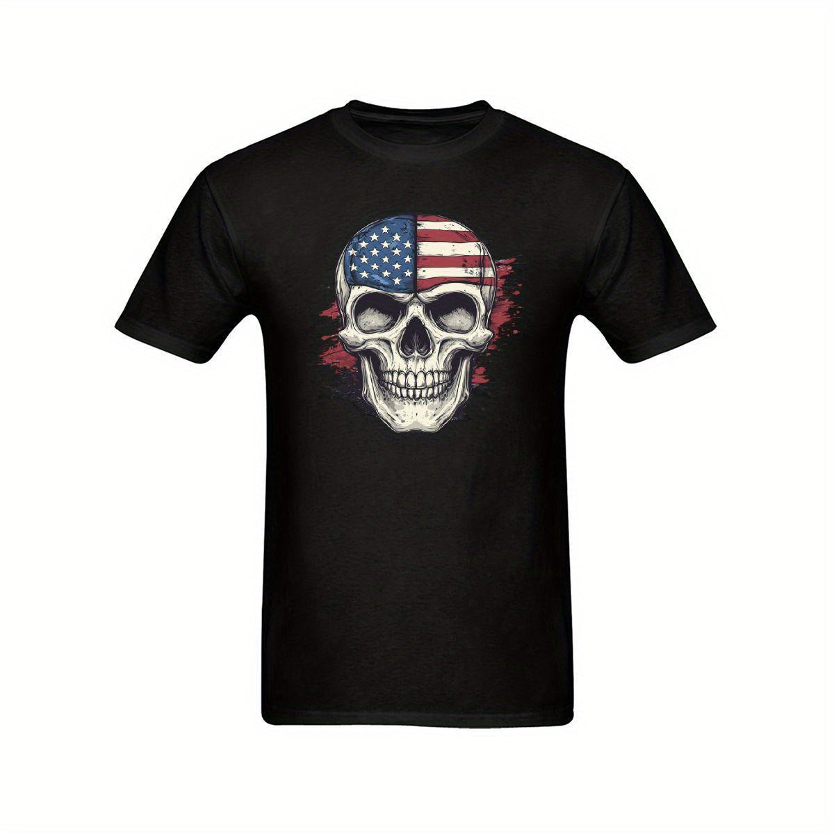 1pc Patriotic Skull Print T-Shirt, Polyester, Round Neck, Short Sleeve, Vintage American Flag Design, Unisex Casual Wear for All Seasons