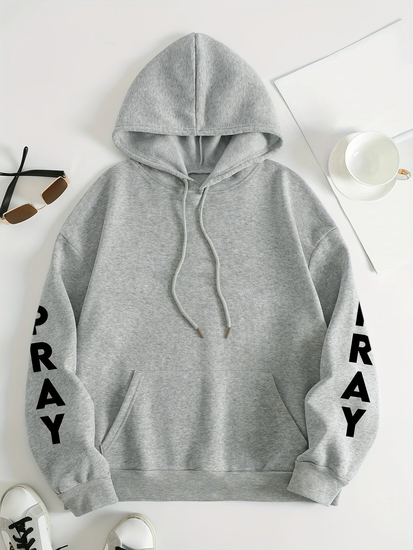 Plus Size PRAY Print Kangaroo Pocket Hoodie - Cozy Casual Long Sleeve Drawstring Sweatshirt with Relaxed Fit for Spring and Fall, Soft and Breathable Fabric, Women's Comfortable Plus Size Clothing
