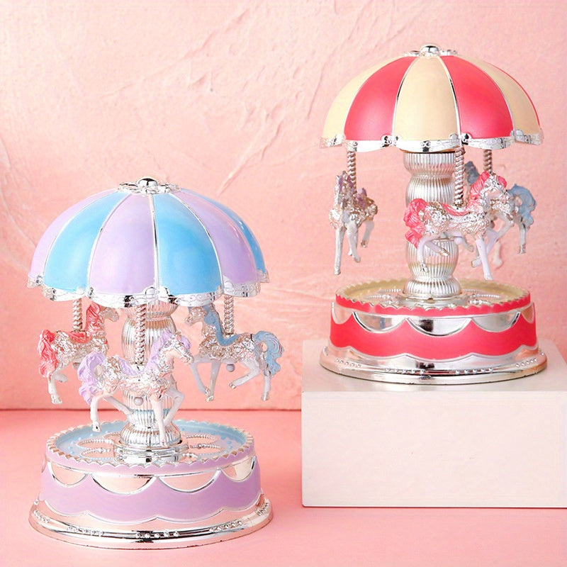 Enchanting Musical Carousel Figurine - 3-Horse Rotating Music Box for Youngsters, Perfect for Christmas & Birthday Decor, Christmas Village House, Girl And Boy, Gorgeous Style