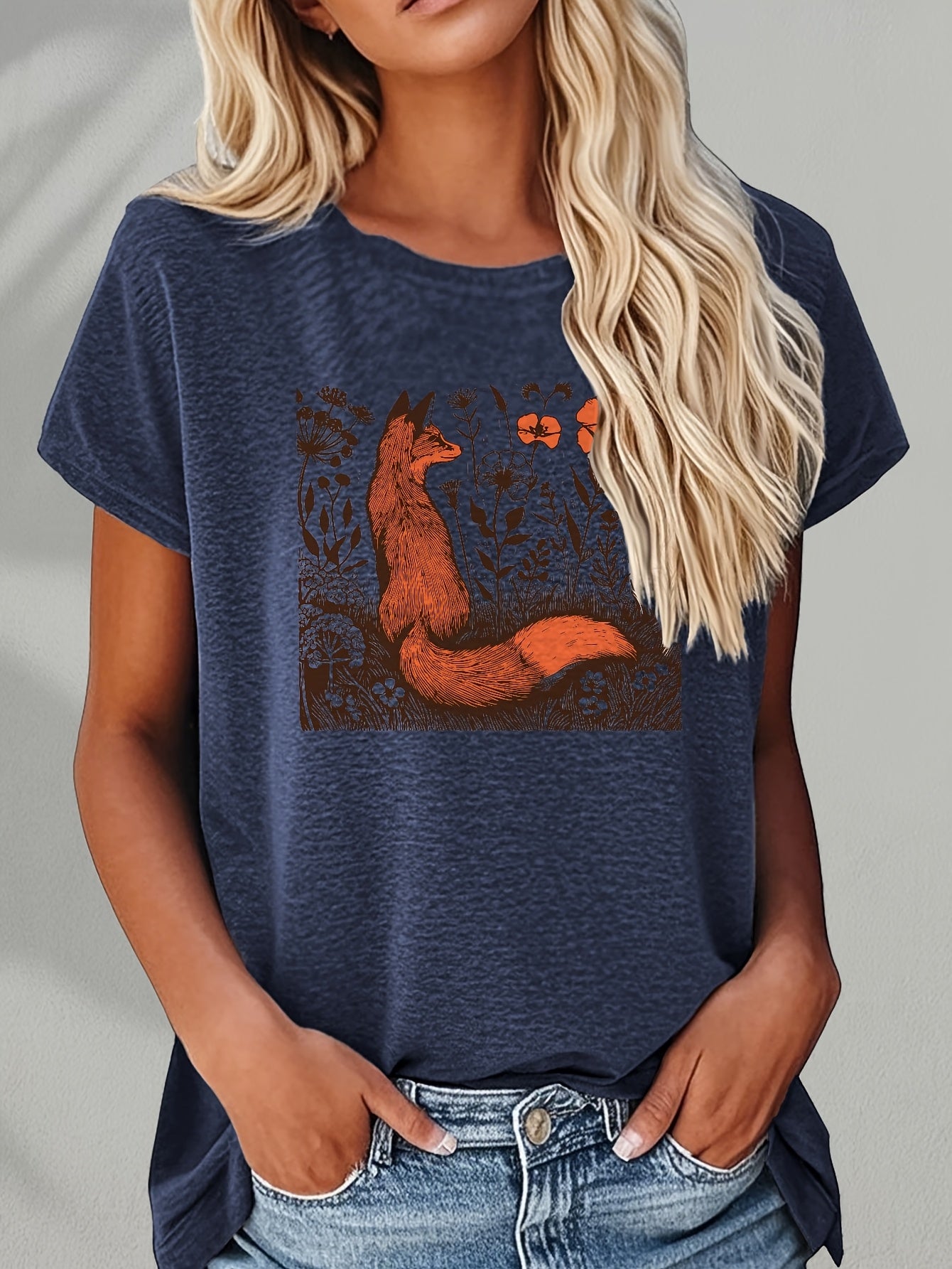 [Soft Cotton T-Shirt] Soft Cotton Women's Rustic Fox & Floral Graphic T-Shirt | High Elasticity Breathable Streetwear Top for Spring/Summer, Casual Daily Wear, Machine Washable Gift, Ladies T Shirts, Everyday Comfort, Streets