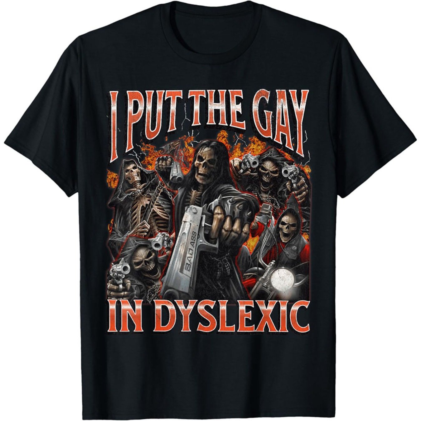 [100% Cotton Horror T-Shirt] 100% Cotton Horror Halloween Funny T-Shirt, I Put The Gay in Dyslexic Hard Skeleton Meme Bootleg | Comafortable Casual, Soft Breathable Short Sleeve Tee | Gifts for Men Women Parents and Friends,