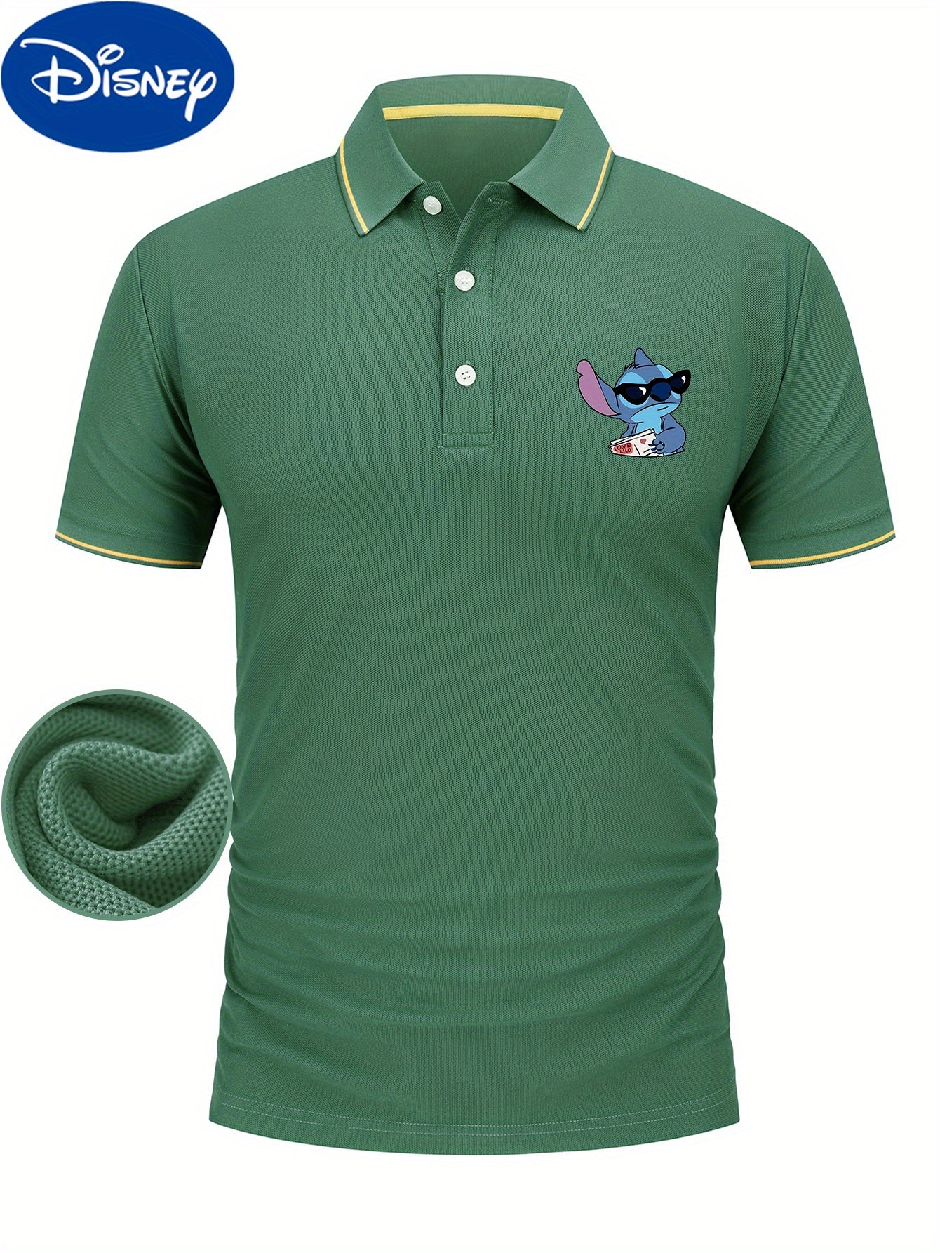 Disney Stitch Cool Glasses Print Short Sleeve Polo Shirt, Premium Business Casual, Short Sleeve Color Blocked Collar Design, Lightweight Polyester, Quick Drying and Breathable Golf Shirt, Polo Shirt, Displayed in Gift Box, Fa