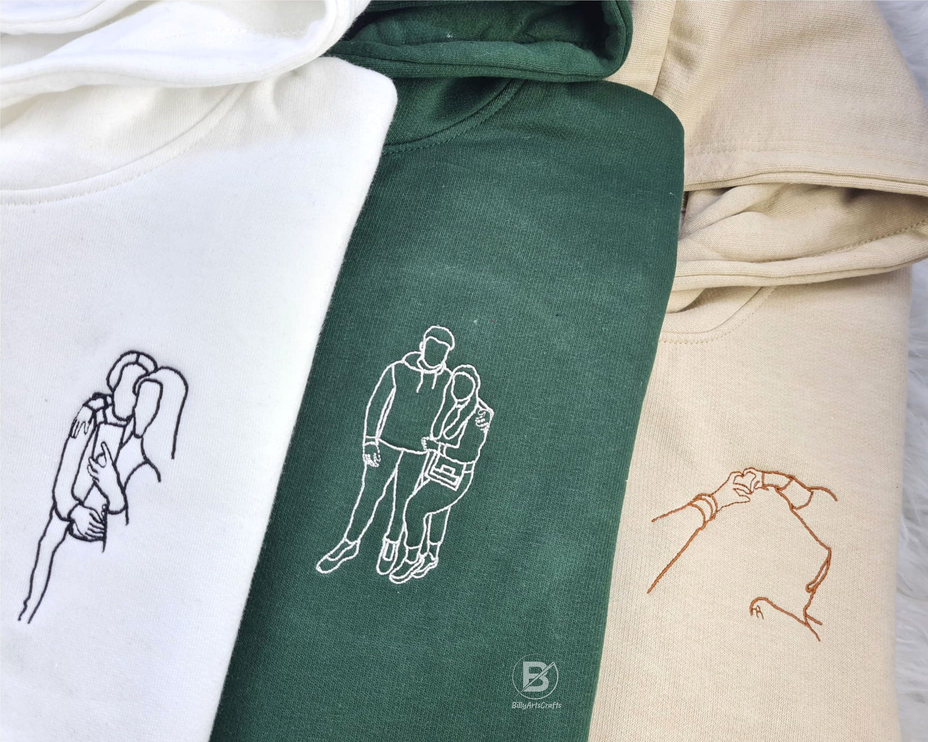 Personalised Outline Drawing Comfy Hoodies, Embroidered Sketch Portrait Hoody, Custom Couples Date On Sleeve Jumpers, Memorial Gifts for him
